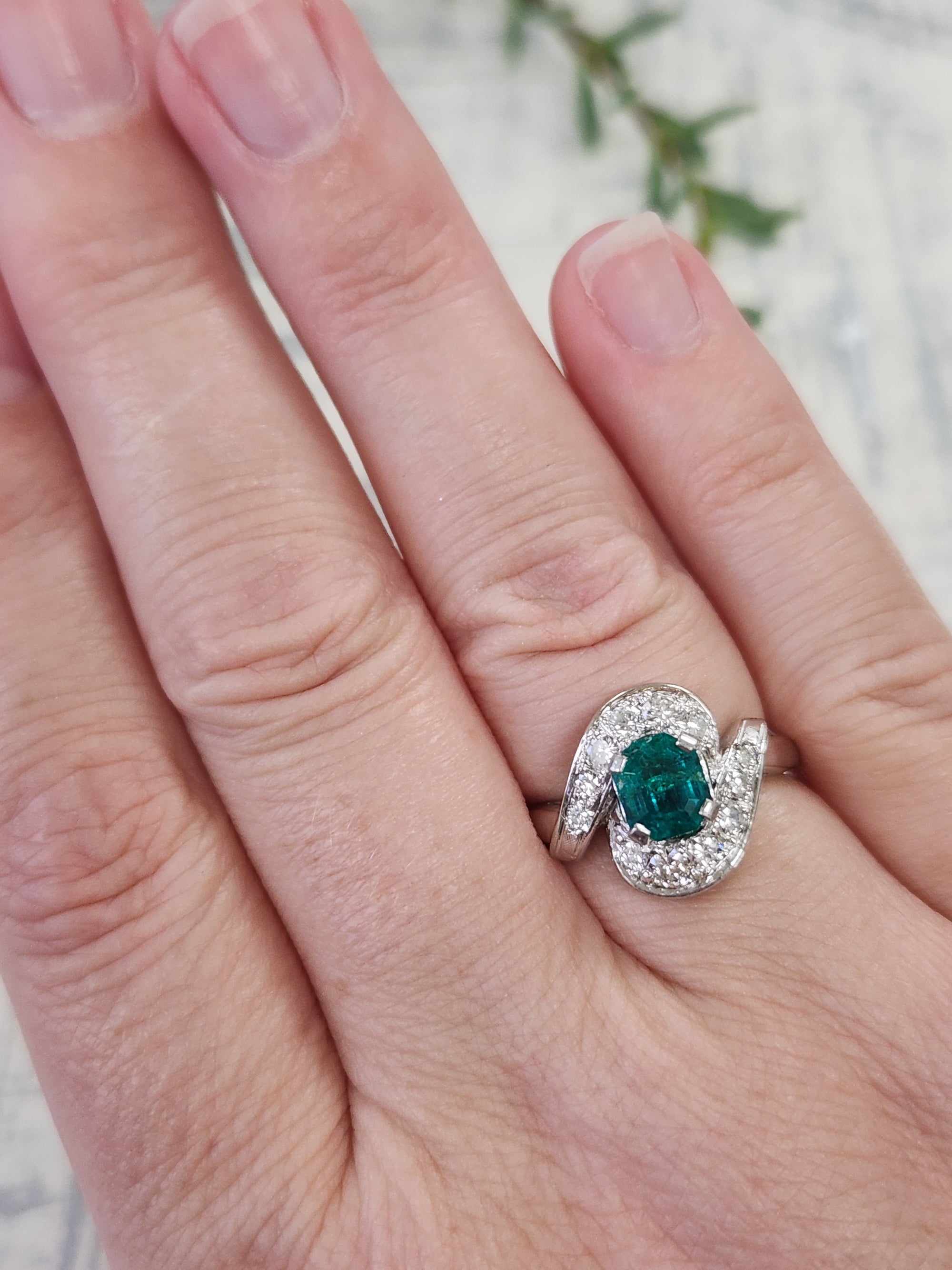 Vintage Vivid Emerald and Diamond Bypass Ring in 14k White Gold