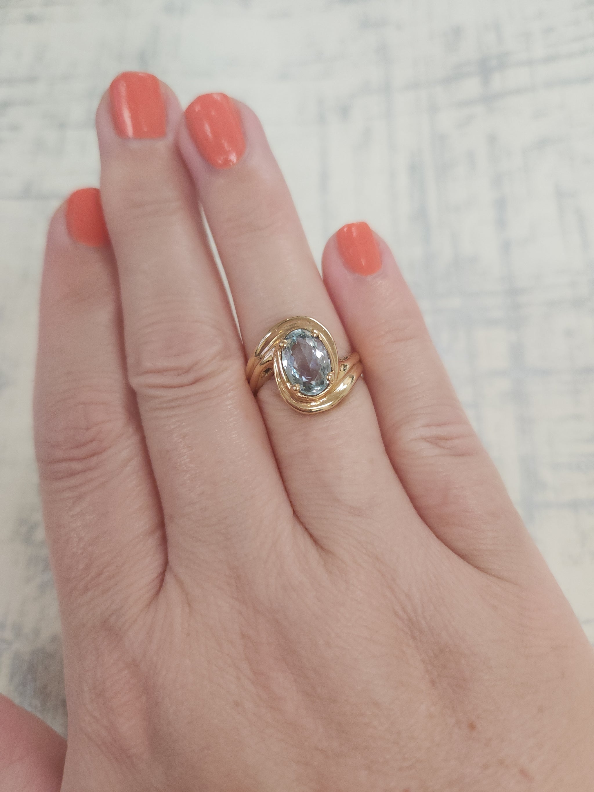 Vintage Aquamarine Bypass Swirl Ring in 14k Yellow Gold