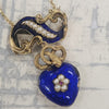 Antique Victorian Serpent Heart Locket in Blue Enamel Pendant Necklace in 14k Gold