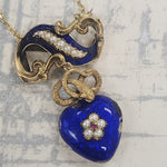 Antique Victorian Serpent Heart Locket in Blue Enamel Pendant Necklace in 14k Gold