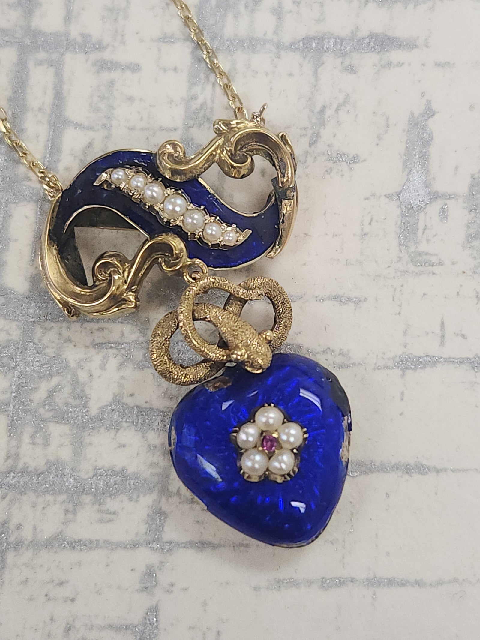Antique Victorian Serpent Heart Locket in Blue Enamel Pendant Necklace in 14k Gold