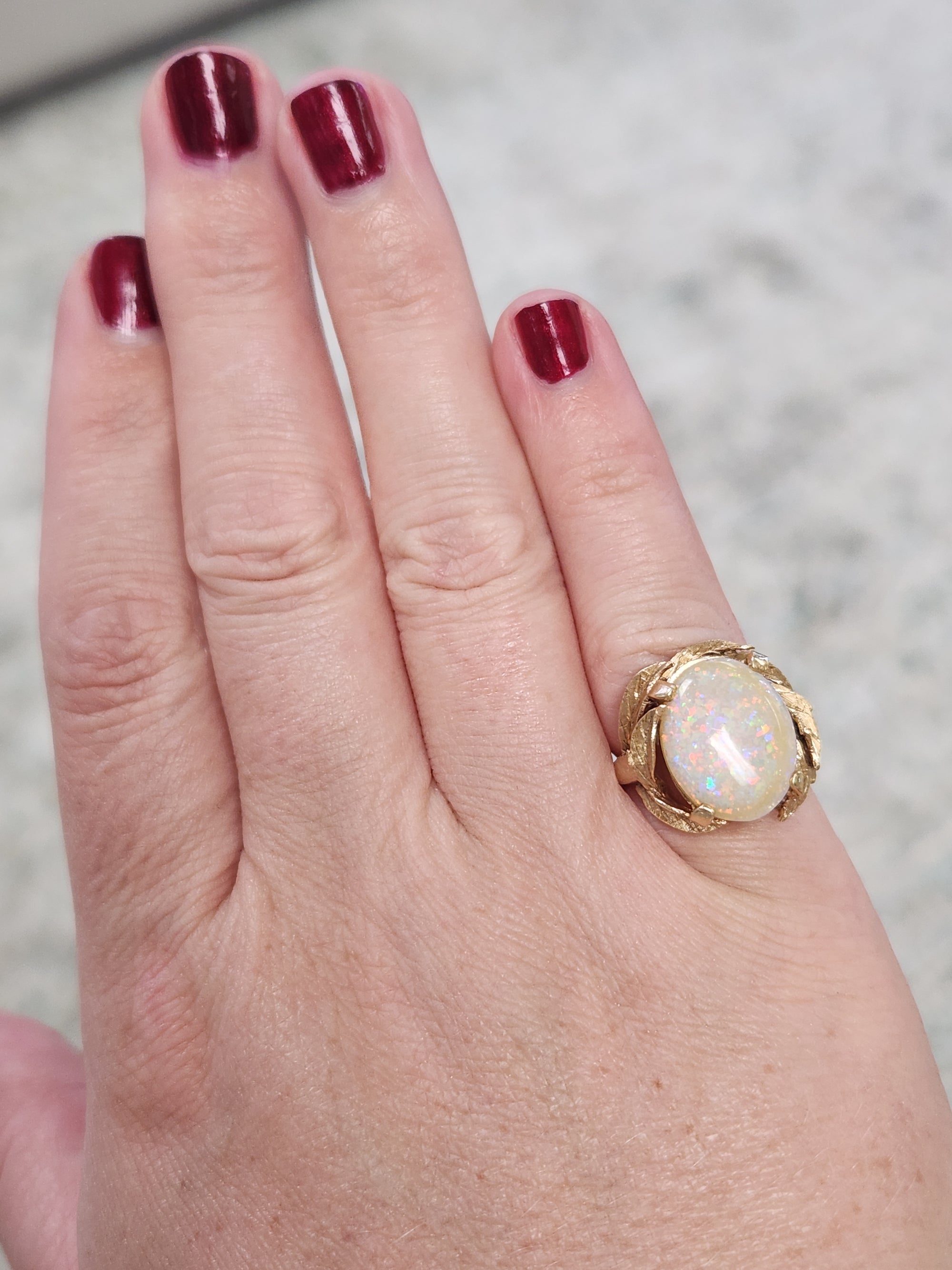 Mid-Century Opal Cocktail Ring with Leaf Design in 14k Yellow Gold