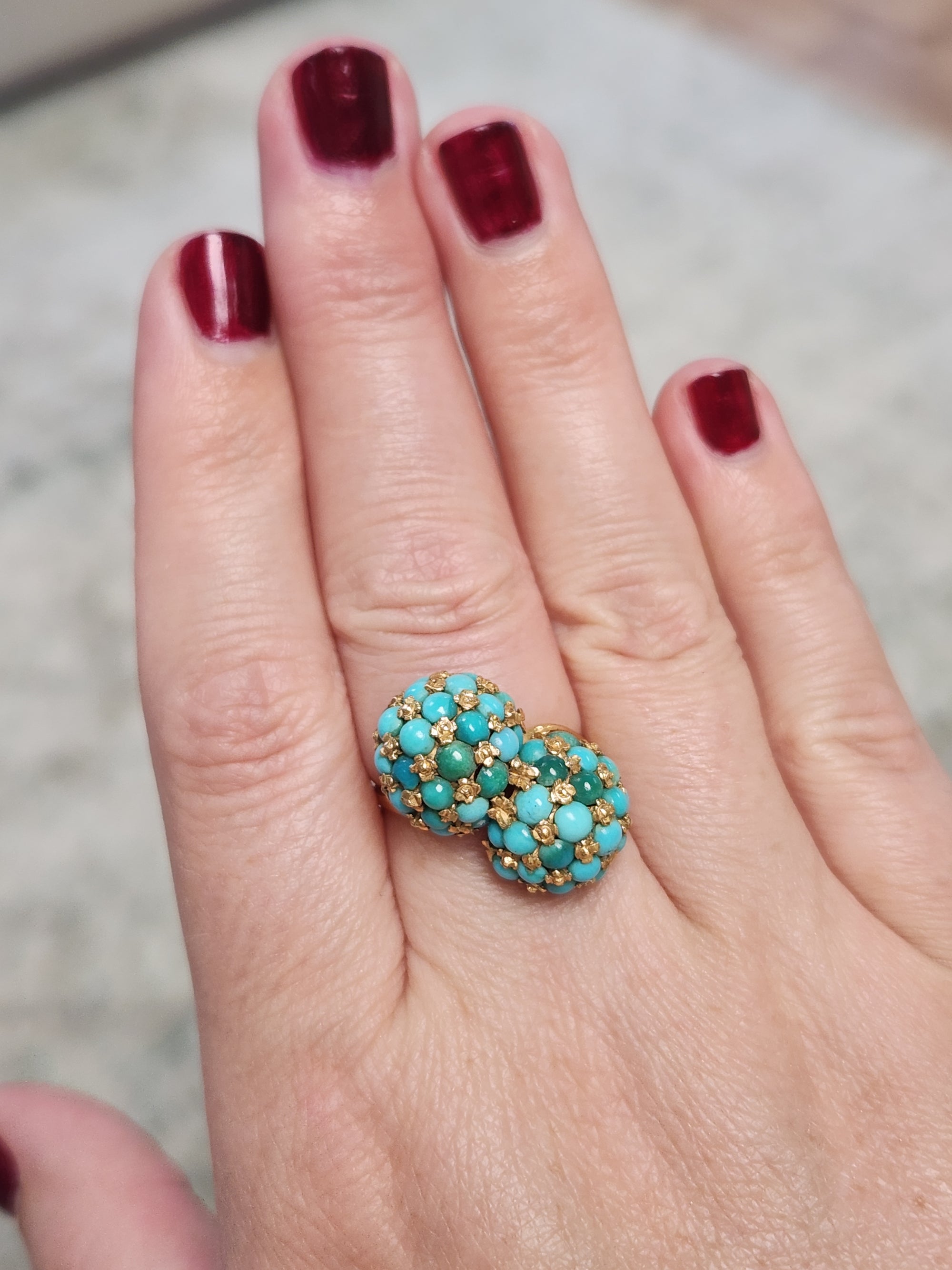 Vintage Italian Turquoise Moi et Toi Bombe Cocktail Ring in 18k Yellow Gold