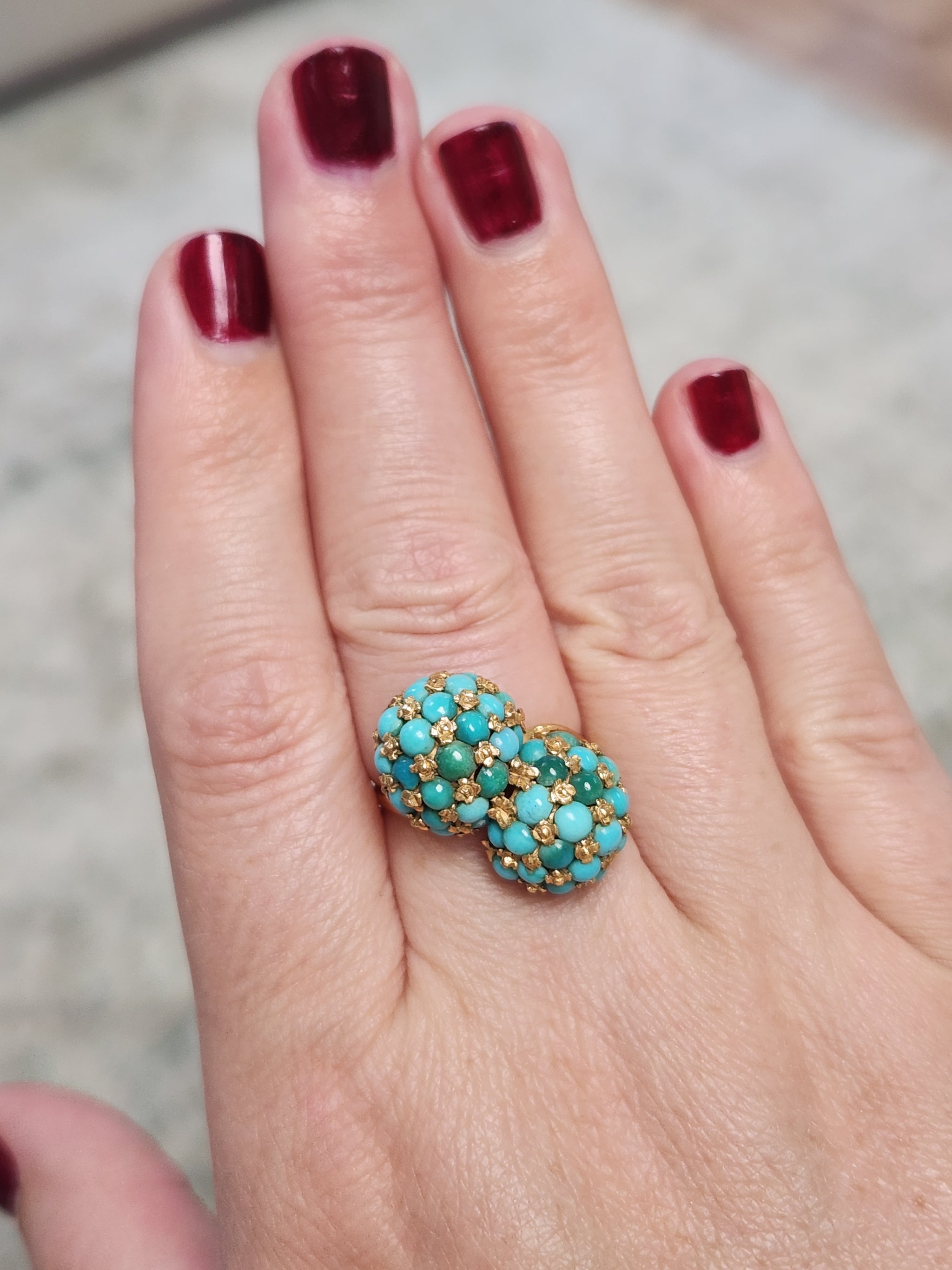 Vintage Italian Turquoise Moi et Toi Bombe Cocktail Ring in 18k Yellow Gold