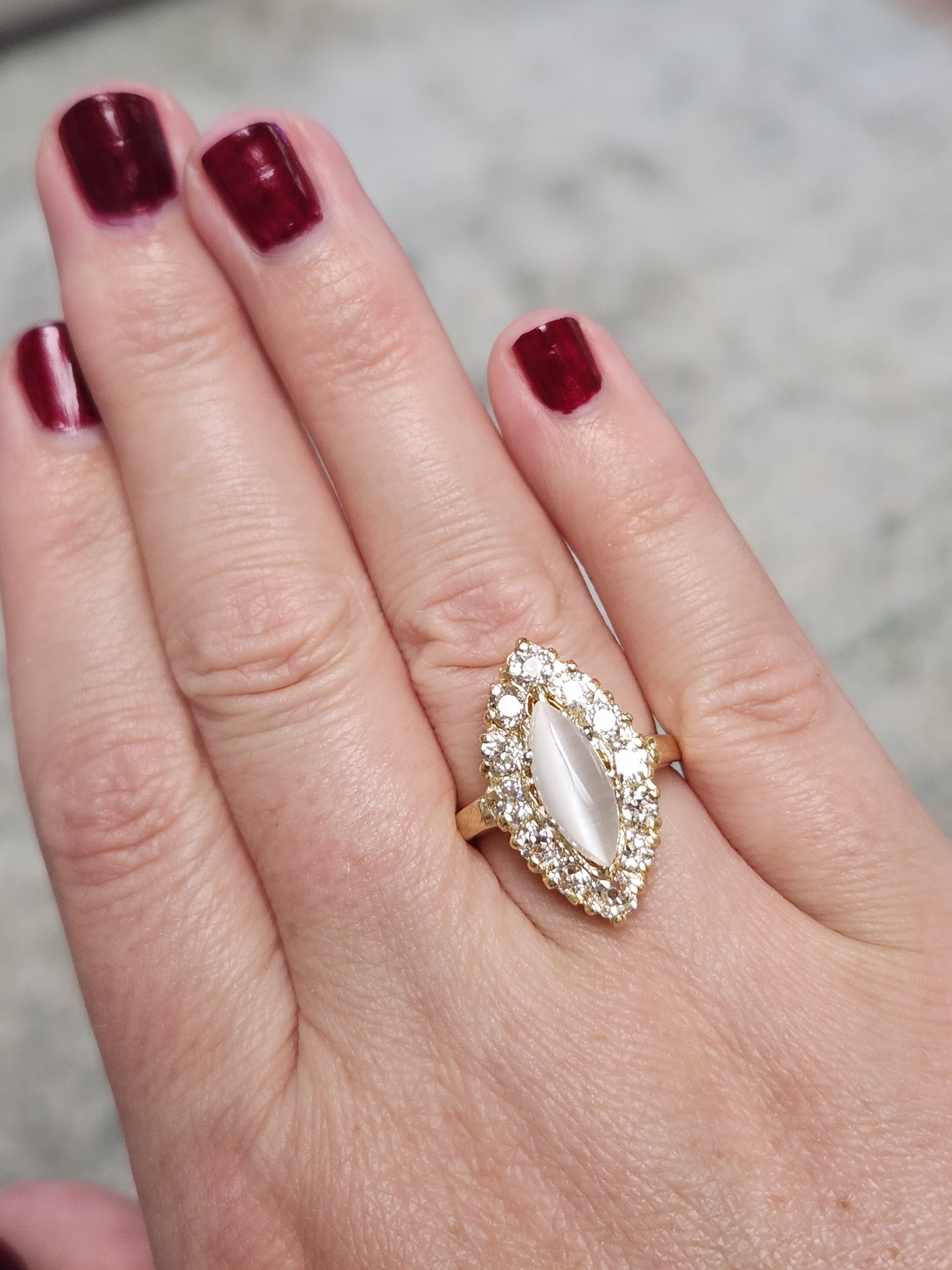 Antique Victorian Cat's Eye Moonstone and Old Mine Cut Diamond Navette Ring in 14k Yellow Gold