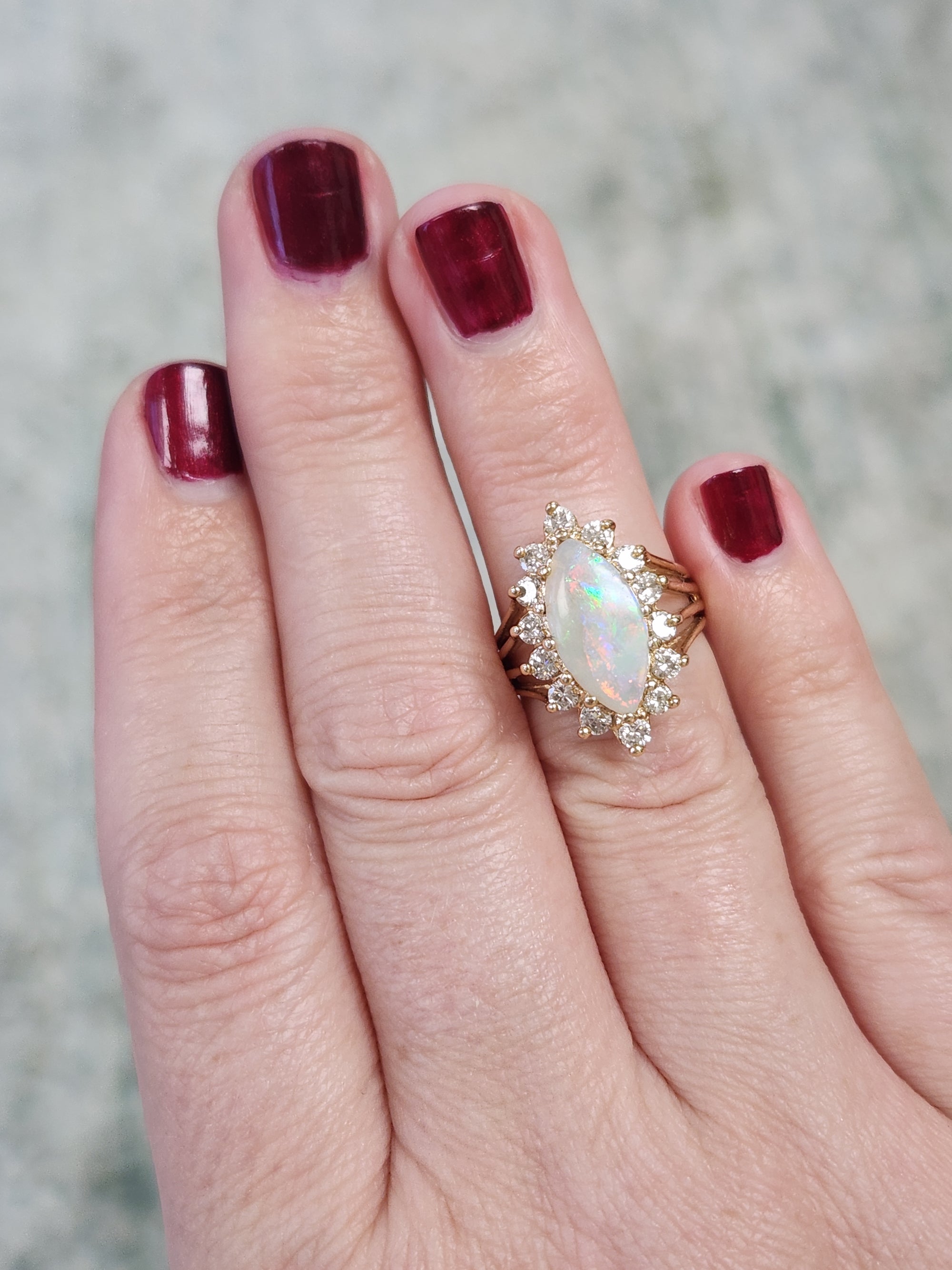 Fiery Australian Opal and Diamond Marquise Ring in 14k Yellow Gold
