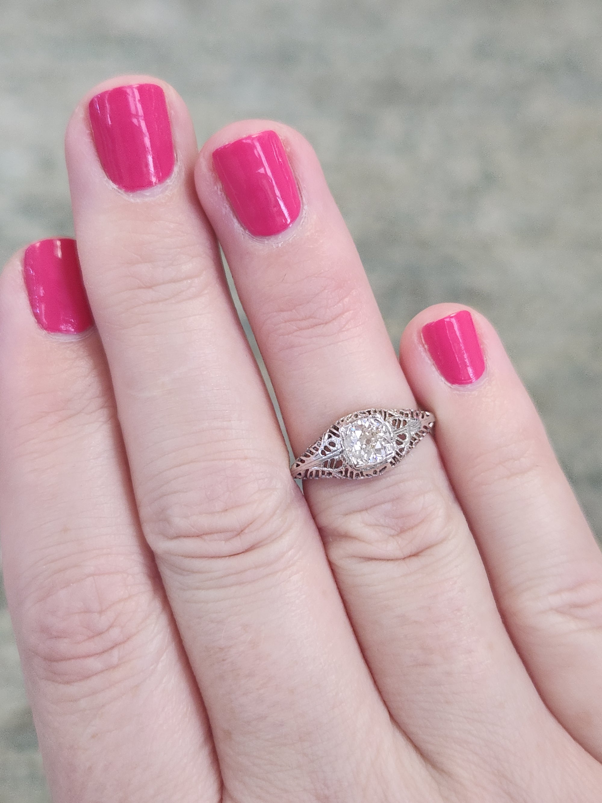 Art Deco Old European Cut Diamond Filigree Floral Engagement Ring in 18k White Gold