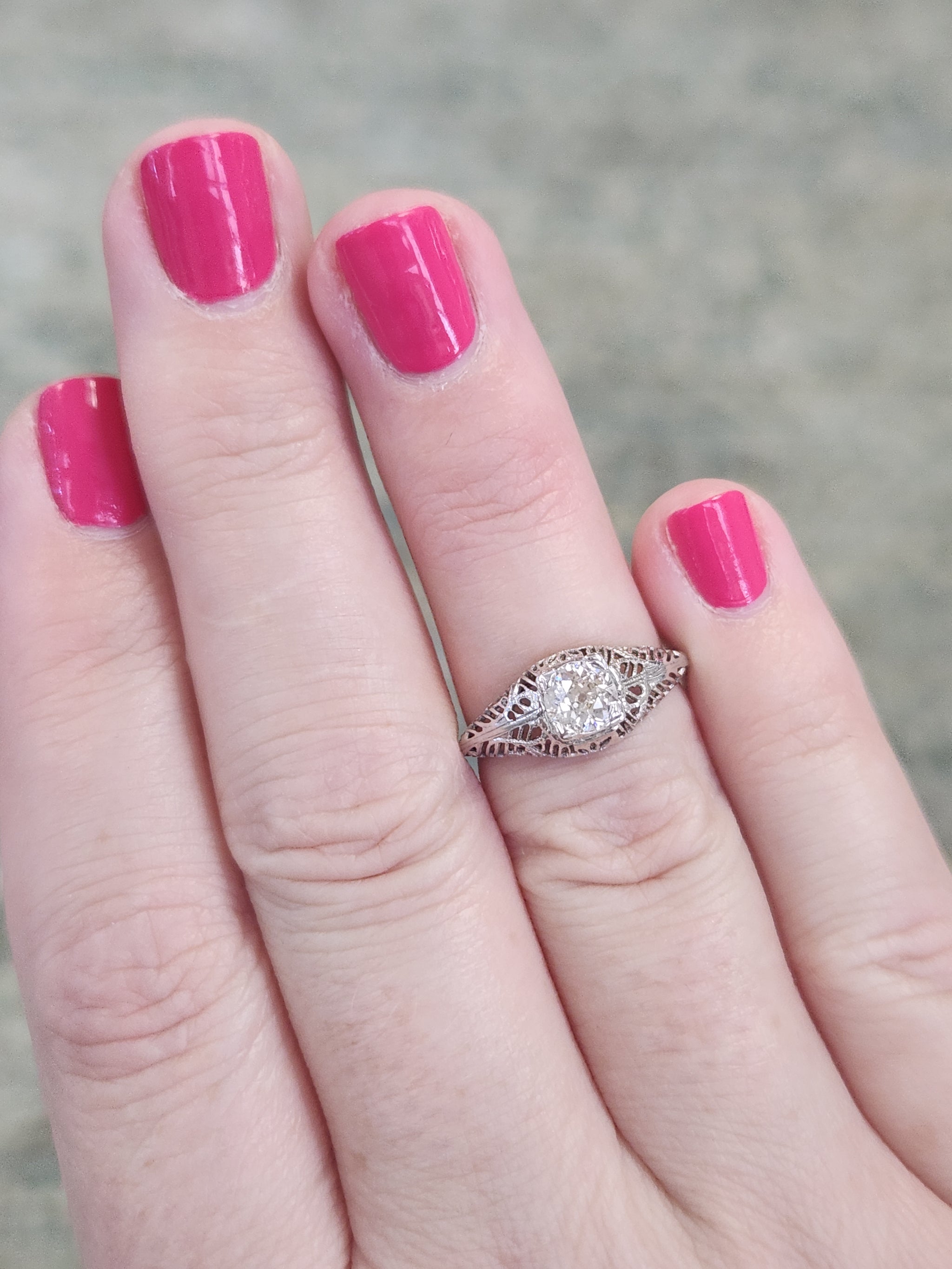 Art Deco Old European Cut Diamond Filigree Floral Engagement Ring in 18k White Gold