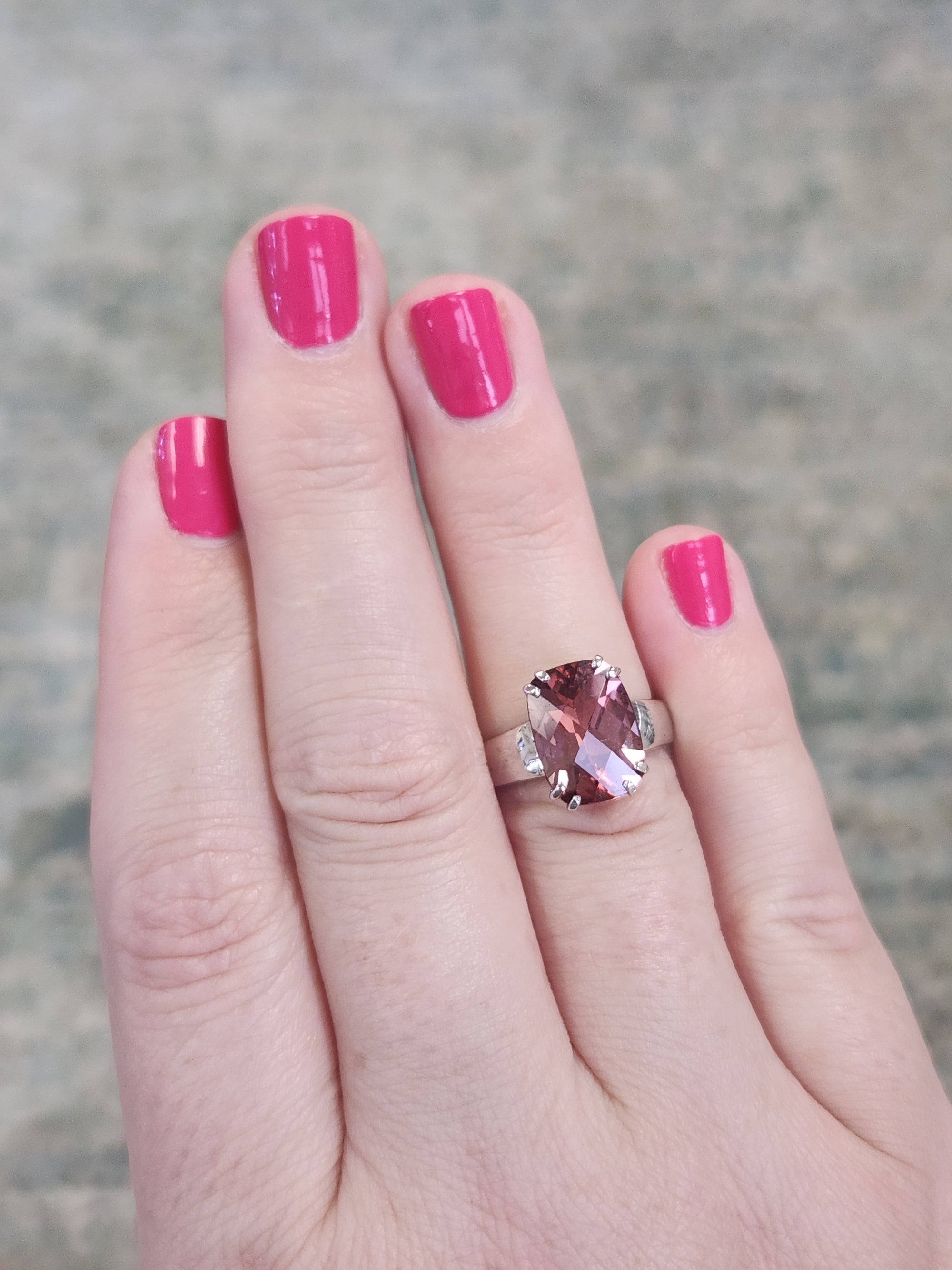 Juicy Peachy Pink Tourmaline Checkerboard Faceted Cocktail Ring in 14k White Gold