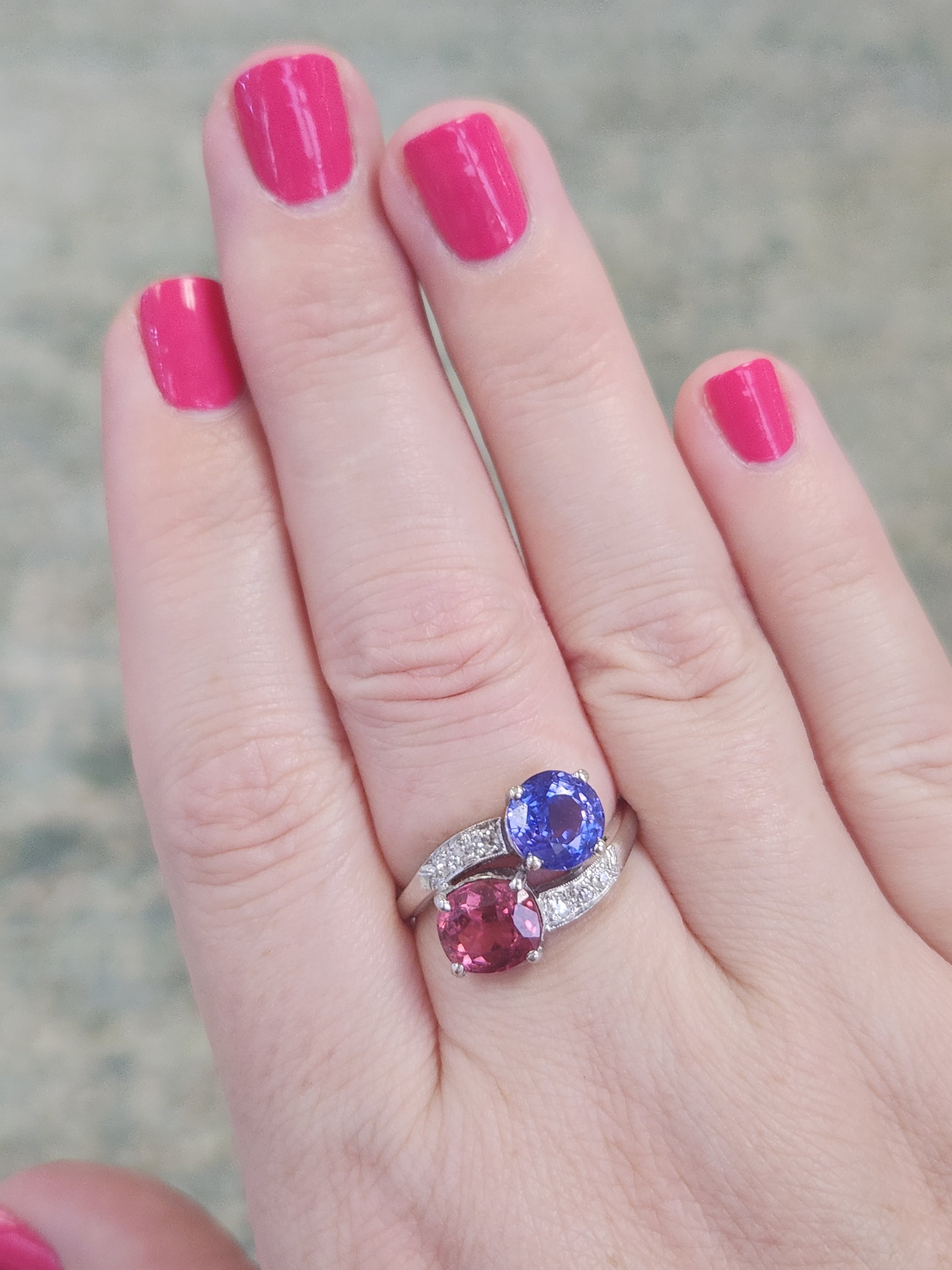 Mid-Century Modern Violet Sapphire and Pink Tourmaline Bypass Moi et Toi Ring in Platinum