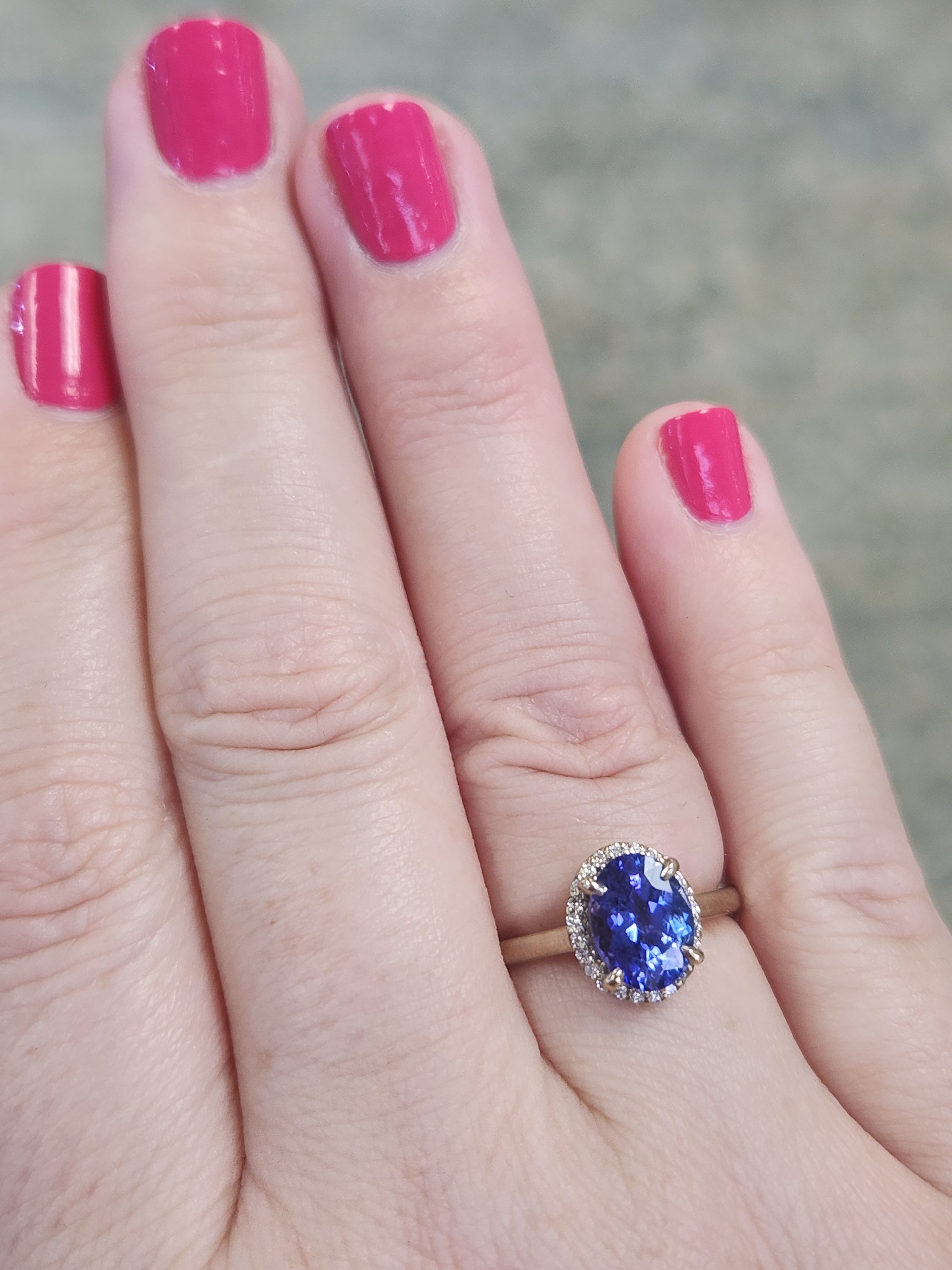 Tanzanite and Diamond Halo Filigree Ring in 14k White and Rose Gold