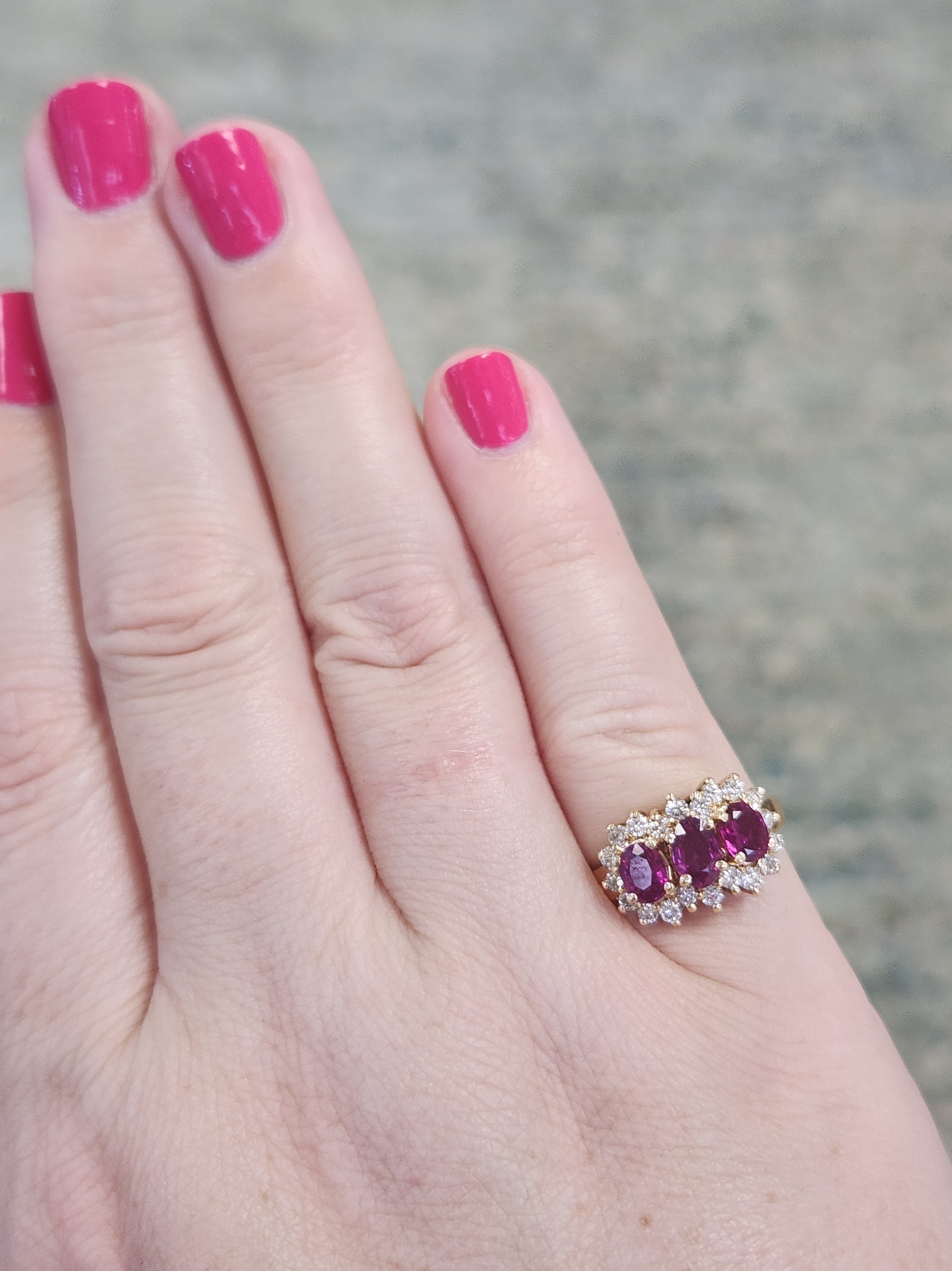 Vintage Ruby and Diamond Three Stone Band Ring in 14k Yellow Gold