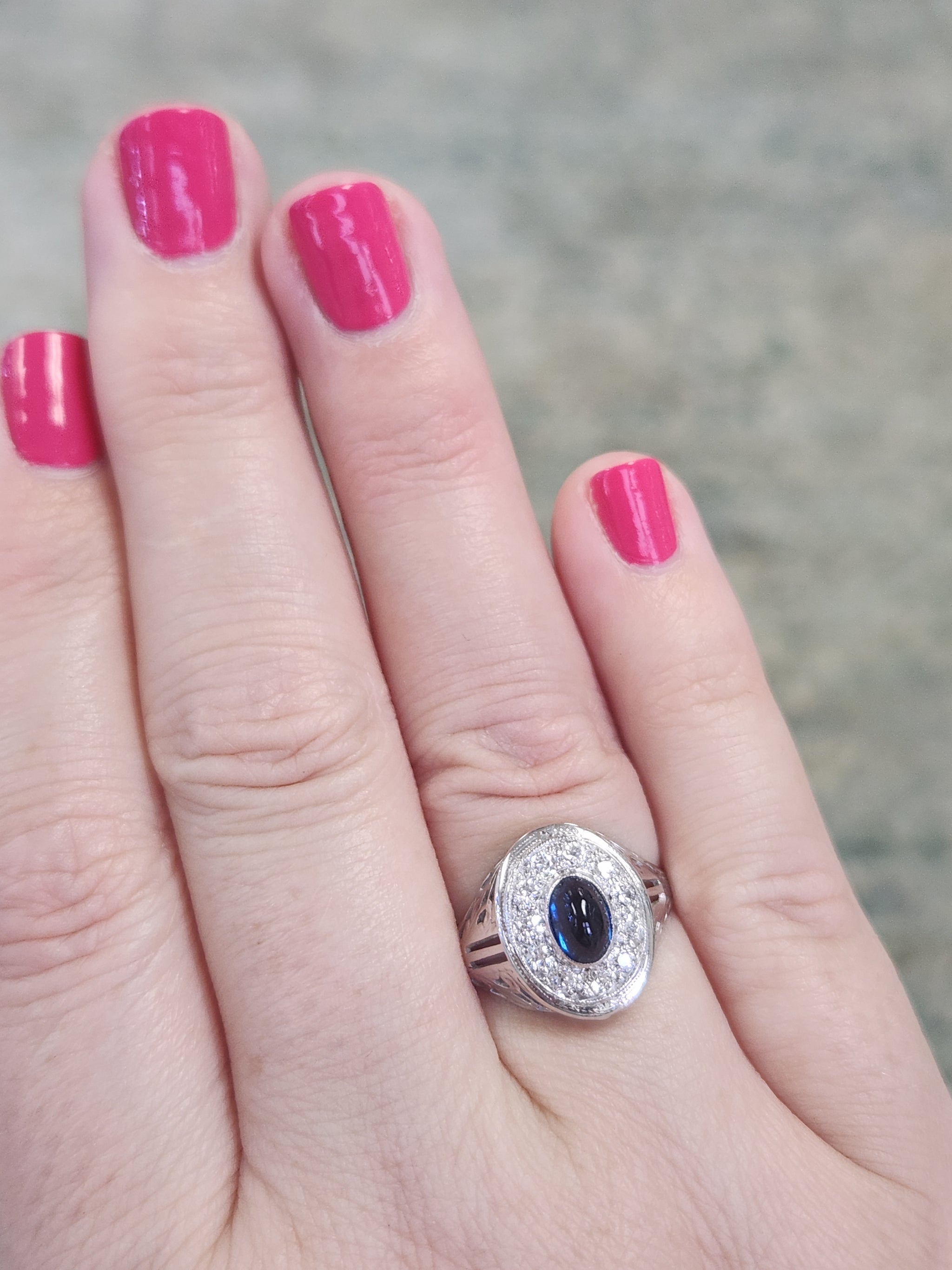 Vintage Sapphire Cabochon and Old Cut Diamond Halo Ring in 14k White Gold
