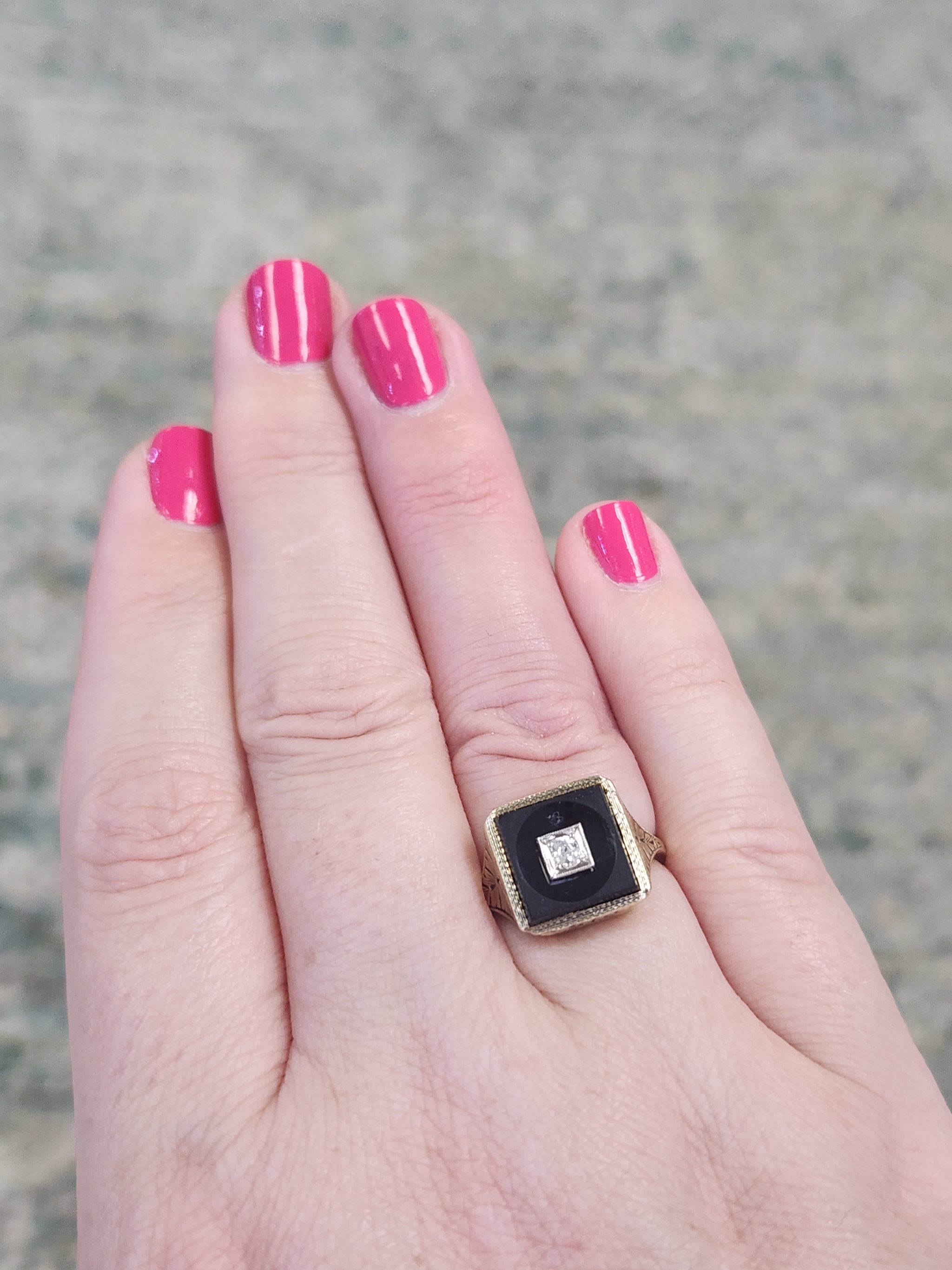 Darling Art Deco Old Mine Cut Diamond and Onyx Square Ring in 14k Yellow Gold