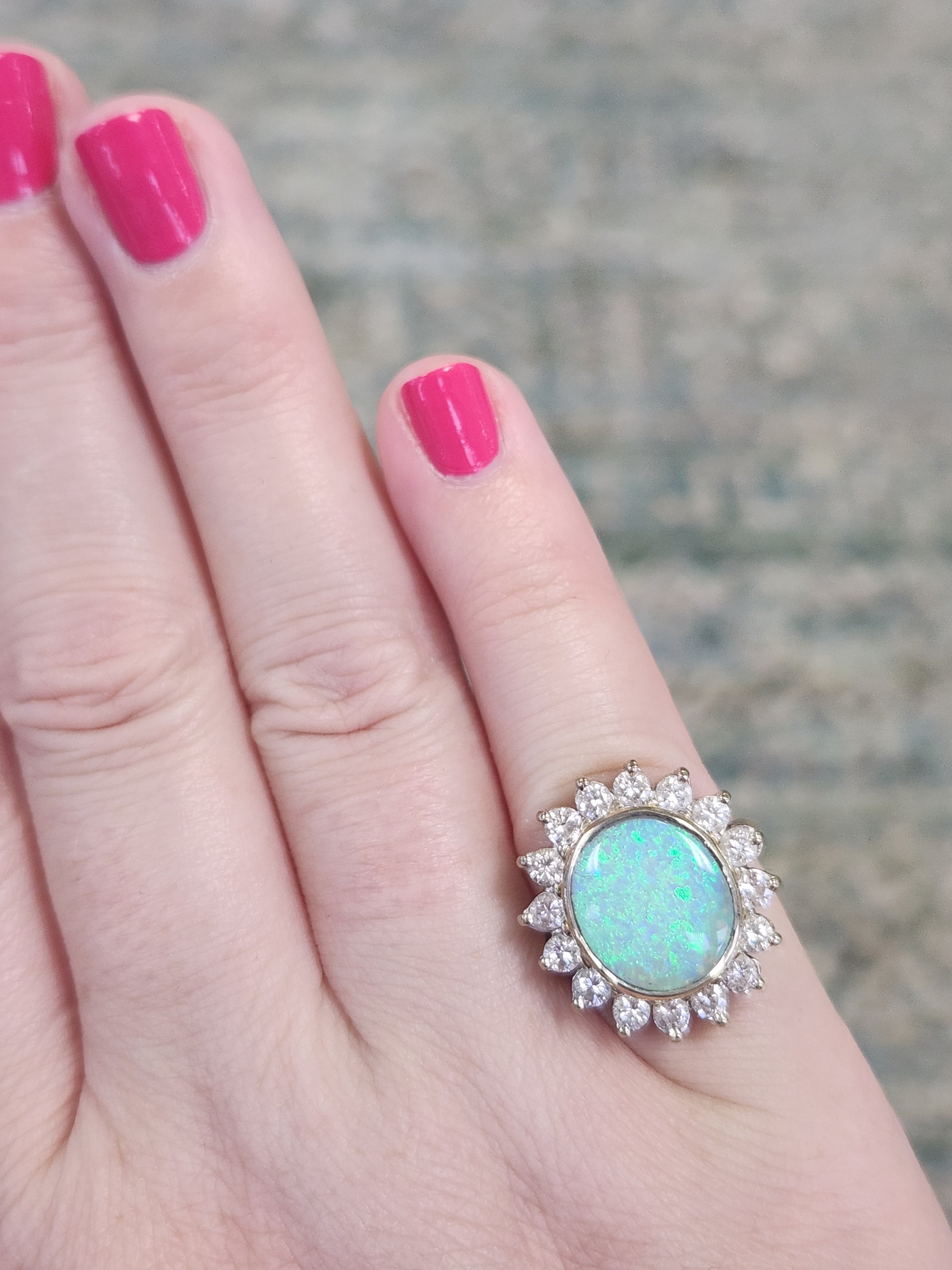 Exquisite Australian Opal and Diamond Cocktail Ring in 14k Yellow Gold