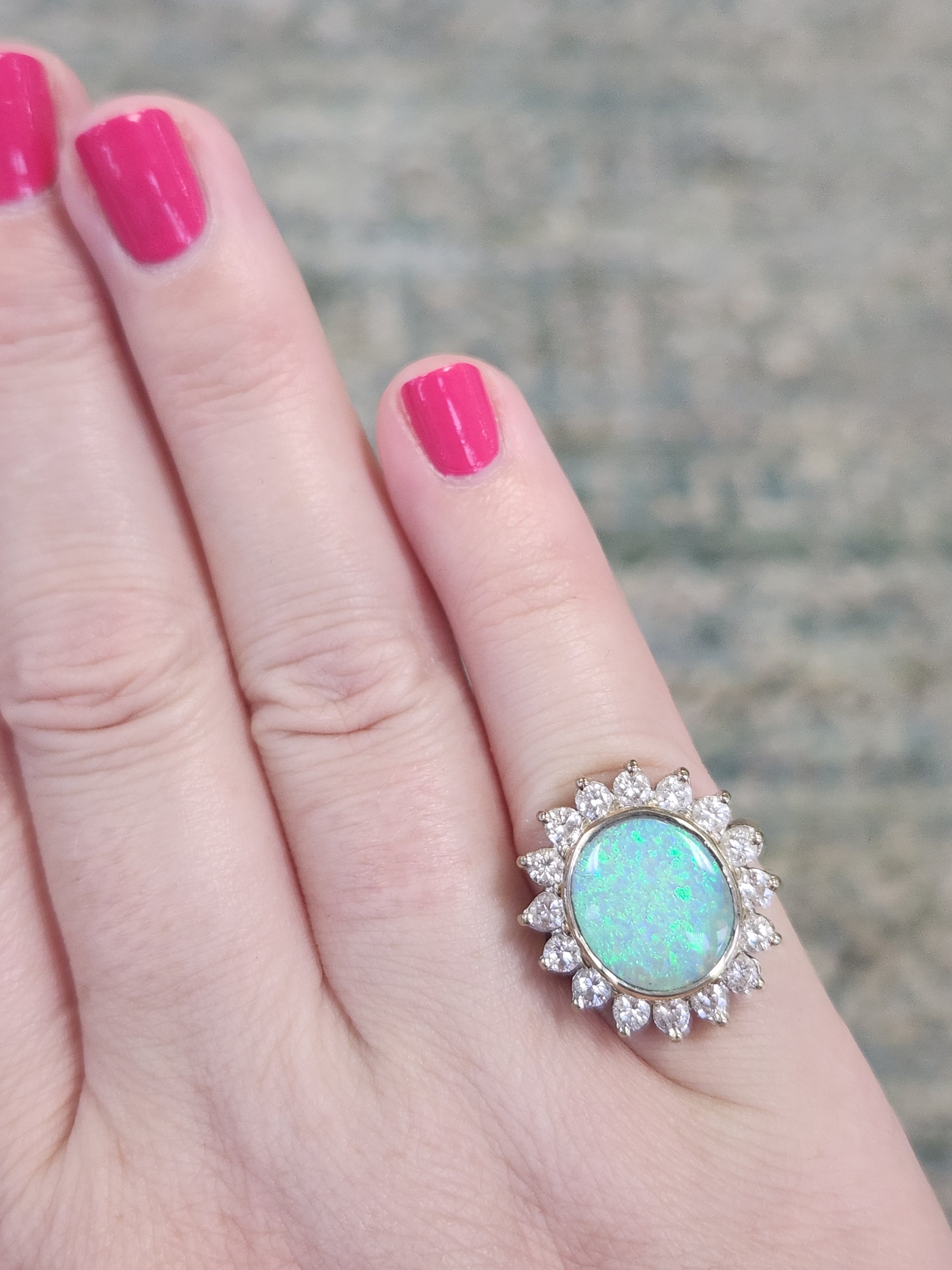Exquisite Australian Opal and Diamond Cocktail Ring in 14k Yellow Gold