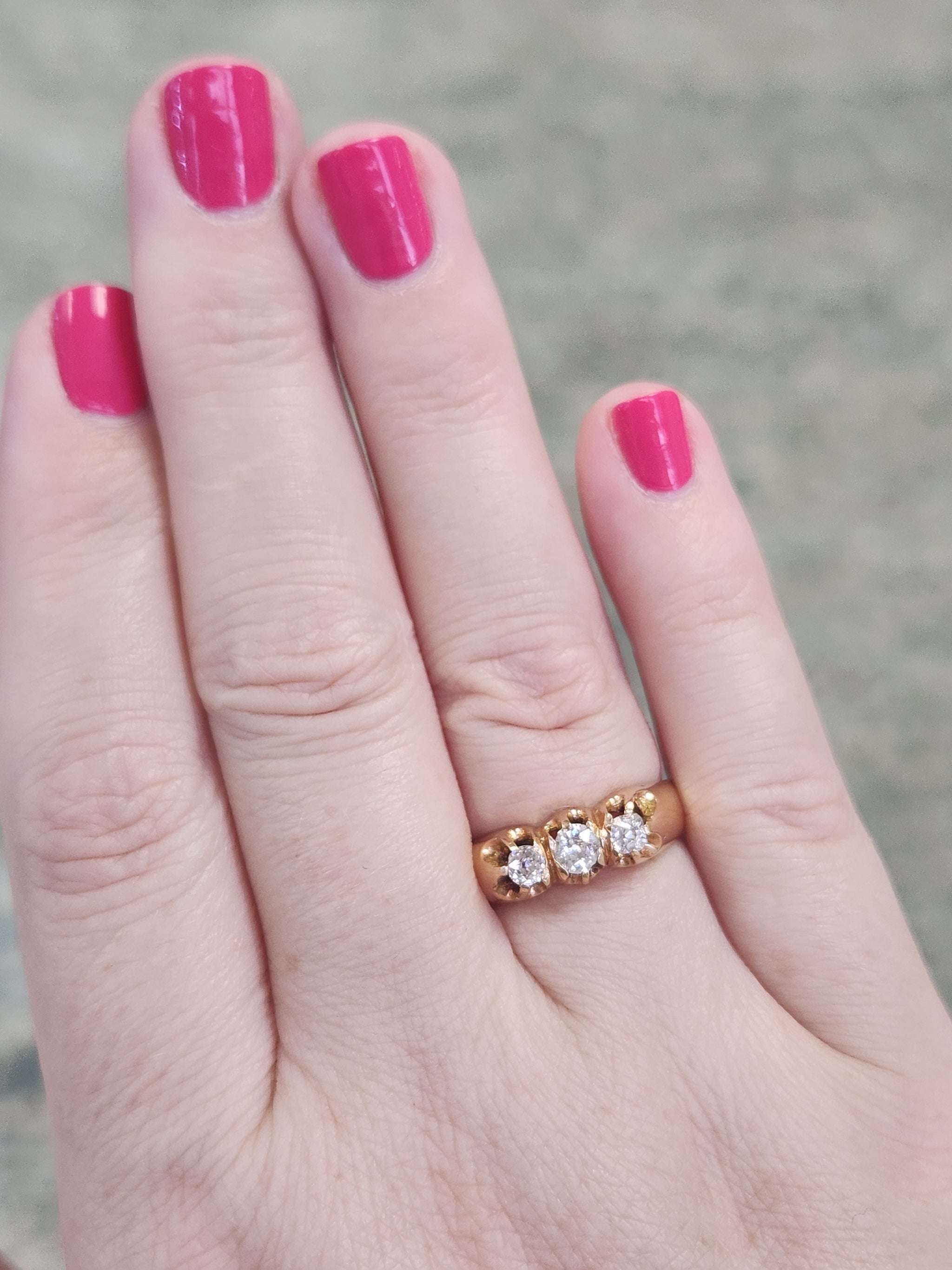 Antique Victorian Three Stone Old Mine Cut Diamond Belcher Set Band Ring in 14k Yellow Gold