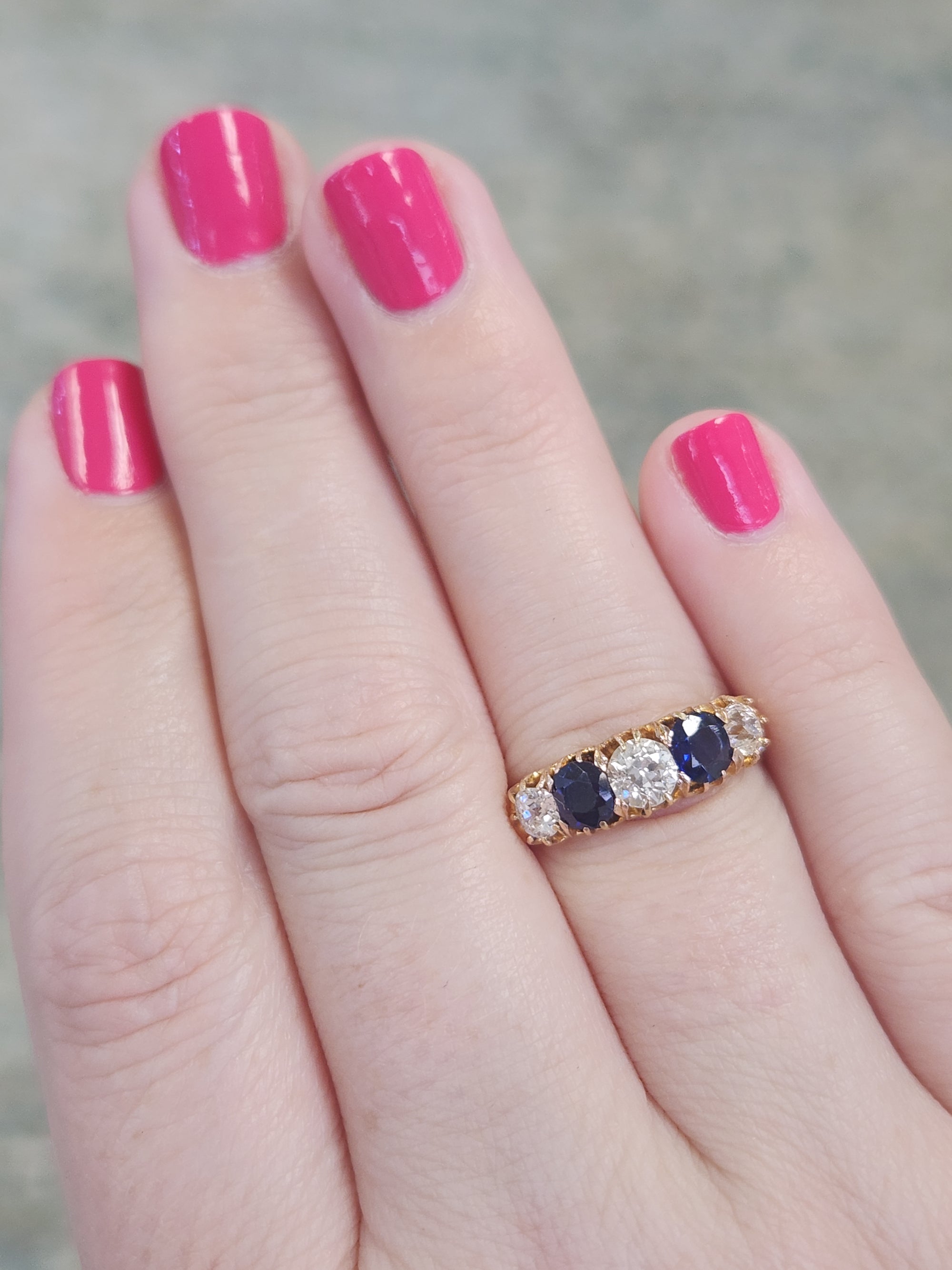 Antique Victorian Blue Sapphire and Old Mine Cut Diamond Ring in Rosy Gold