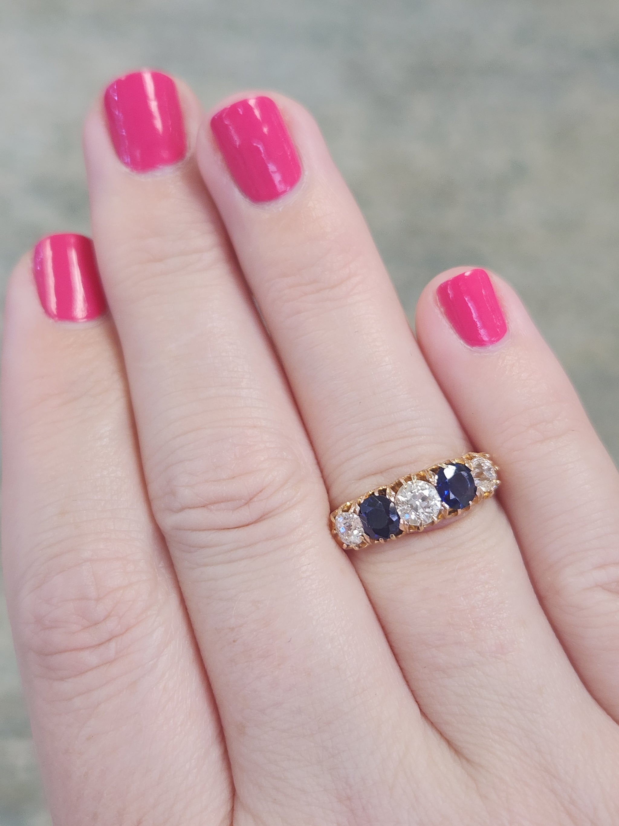 Antique Victorian Blue Sapphire and Old Mine Cut Diamond Ring in Rosy Gold