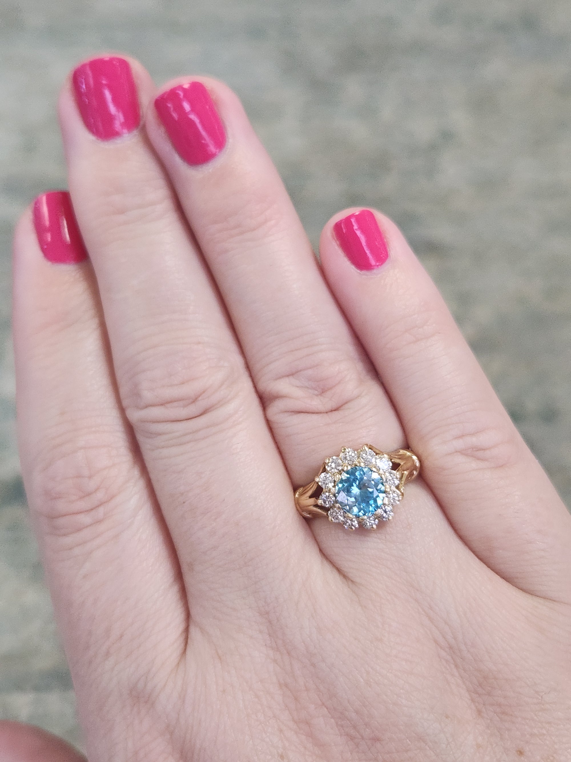 Vintage Blue Zircon and Diamond Halo Ring in 14k Yellow Gold