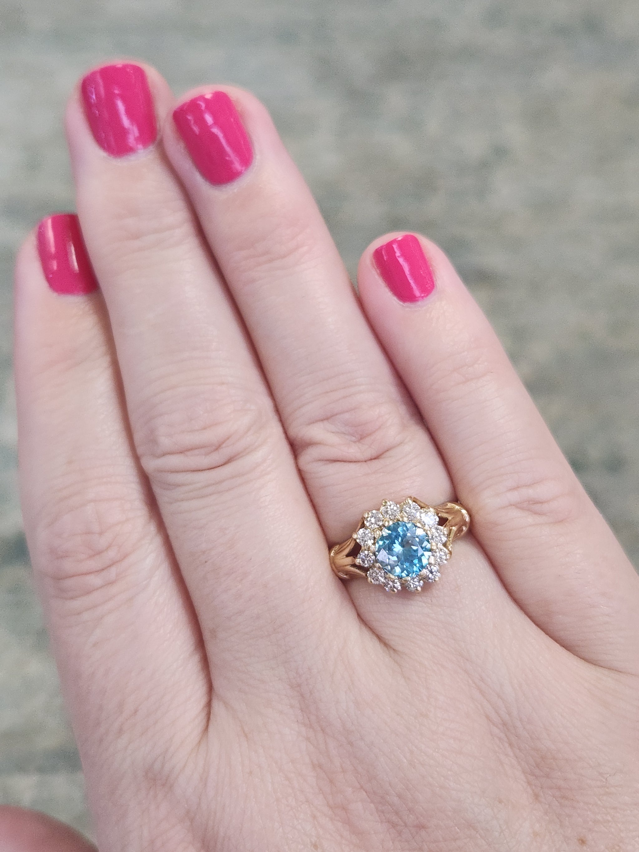 Vintage Blue Zircon and Diamond Halo Ring in 14k Yellow Gold