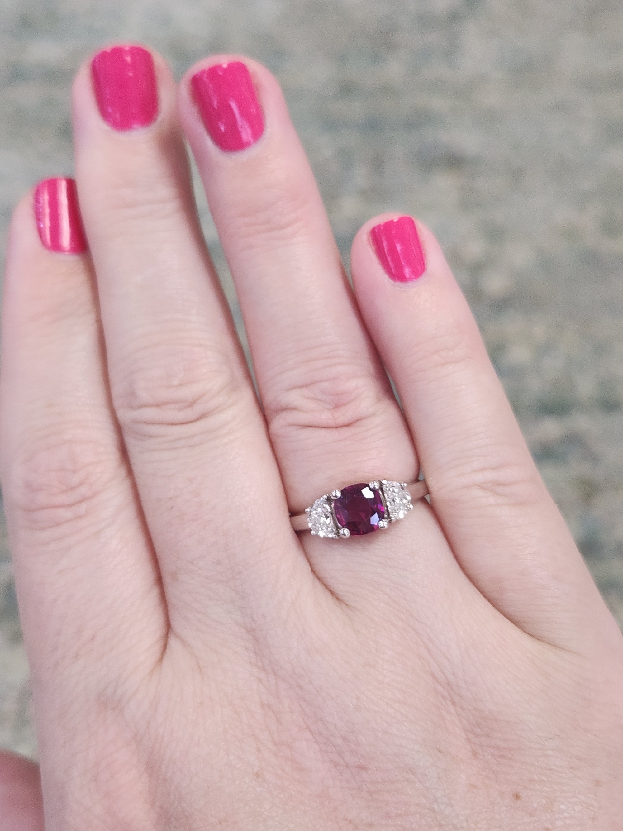 Stunning Deep Ruby and Half Moon Cut Diamond Ring in 18k White Gold