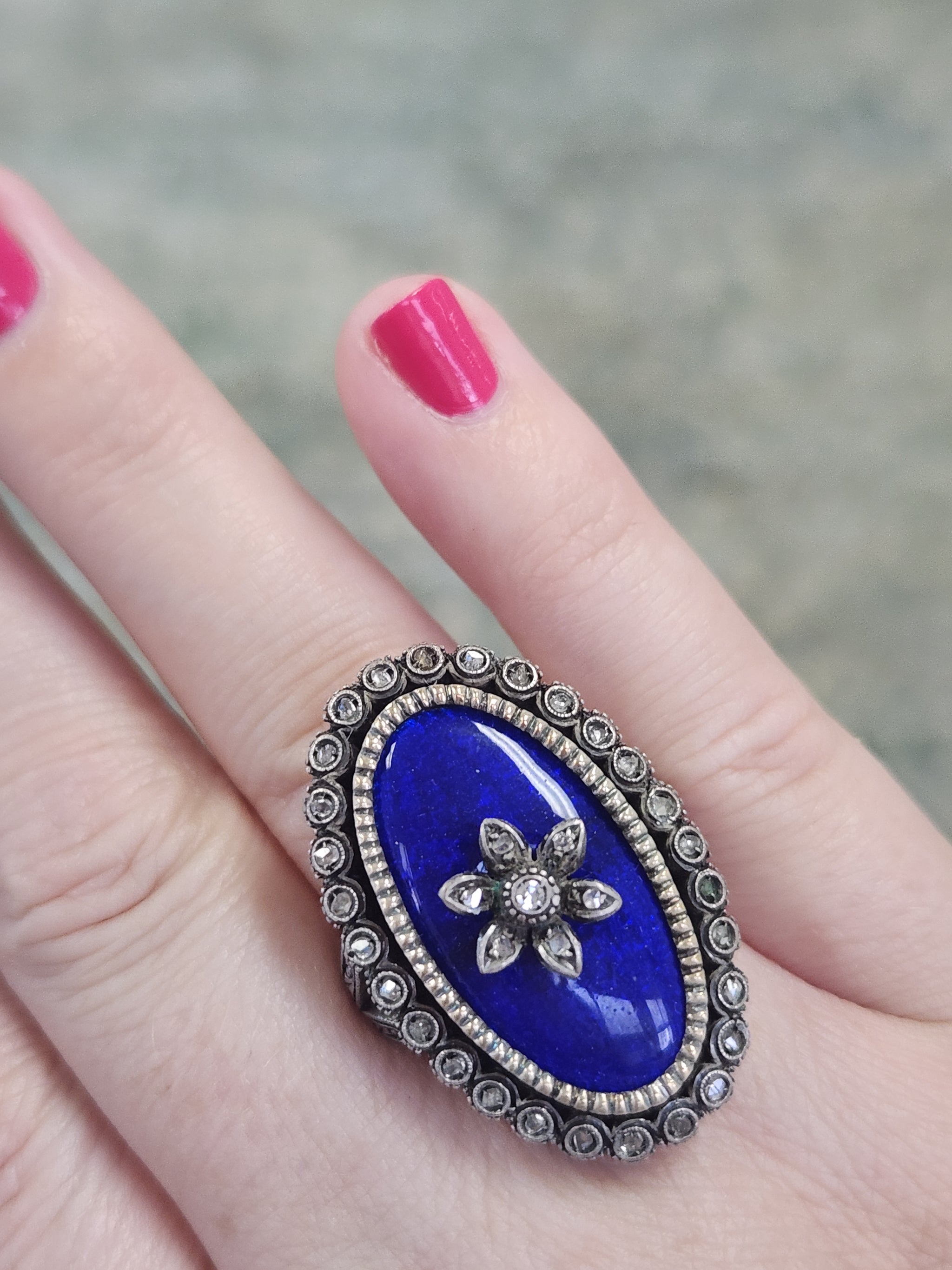 Exquisite Georgian Revival 1920s Blue Enamel and Rose Cut Diamond Ring in Silver and 14k Yellow Gold