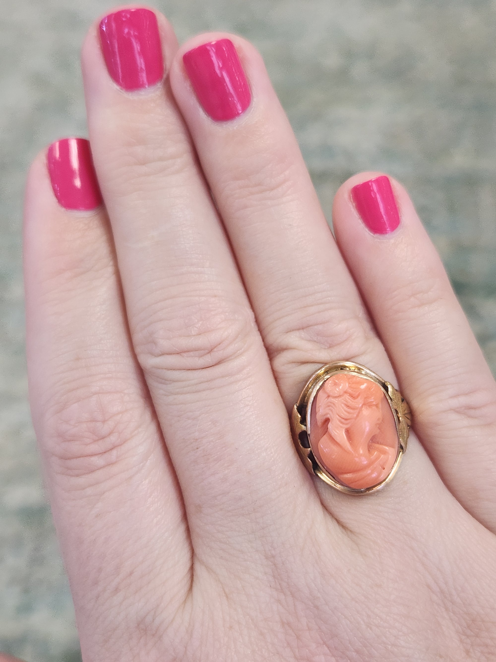 Antique Victorian Carved Coral Cameo Ring Bezel Set in 10k Yellow Gold