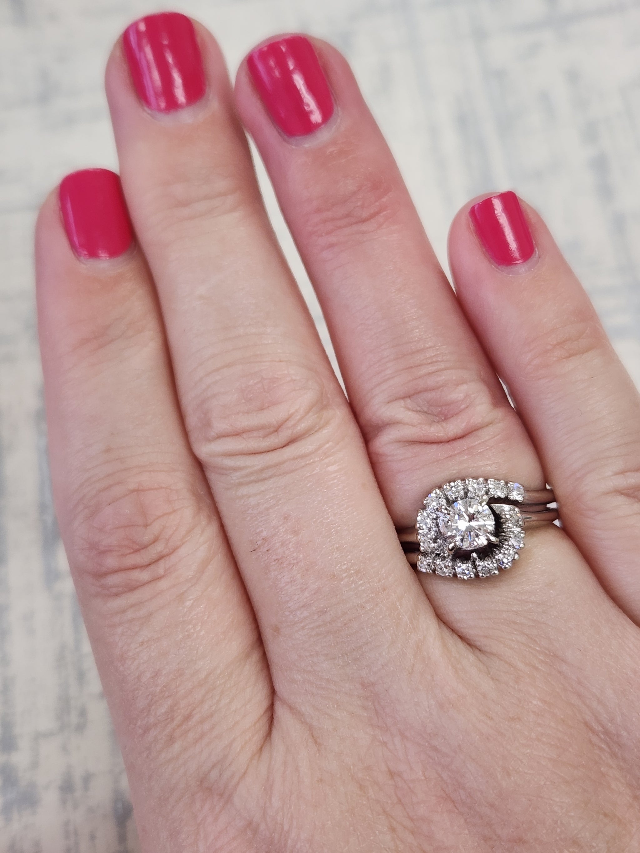 Vintage Round Diamond Bypass Wedding Ring Set in 14k White Gold