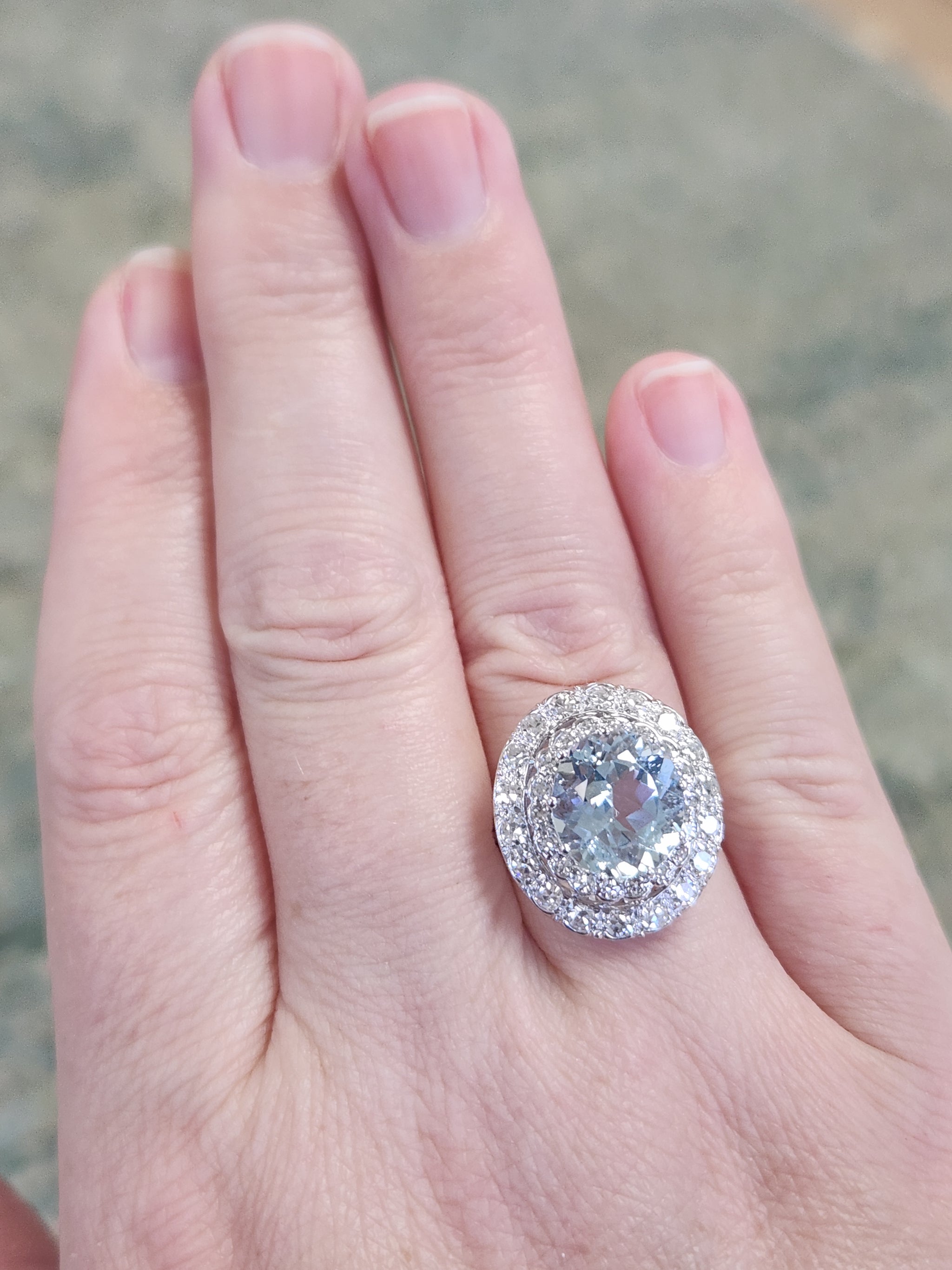 Vintage Sparkling Aquamarine and Double Diamond Halo Cocktail Ring in 18k White Gold