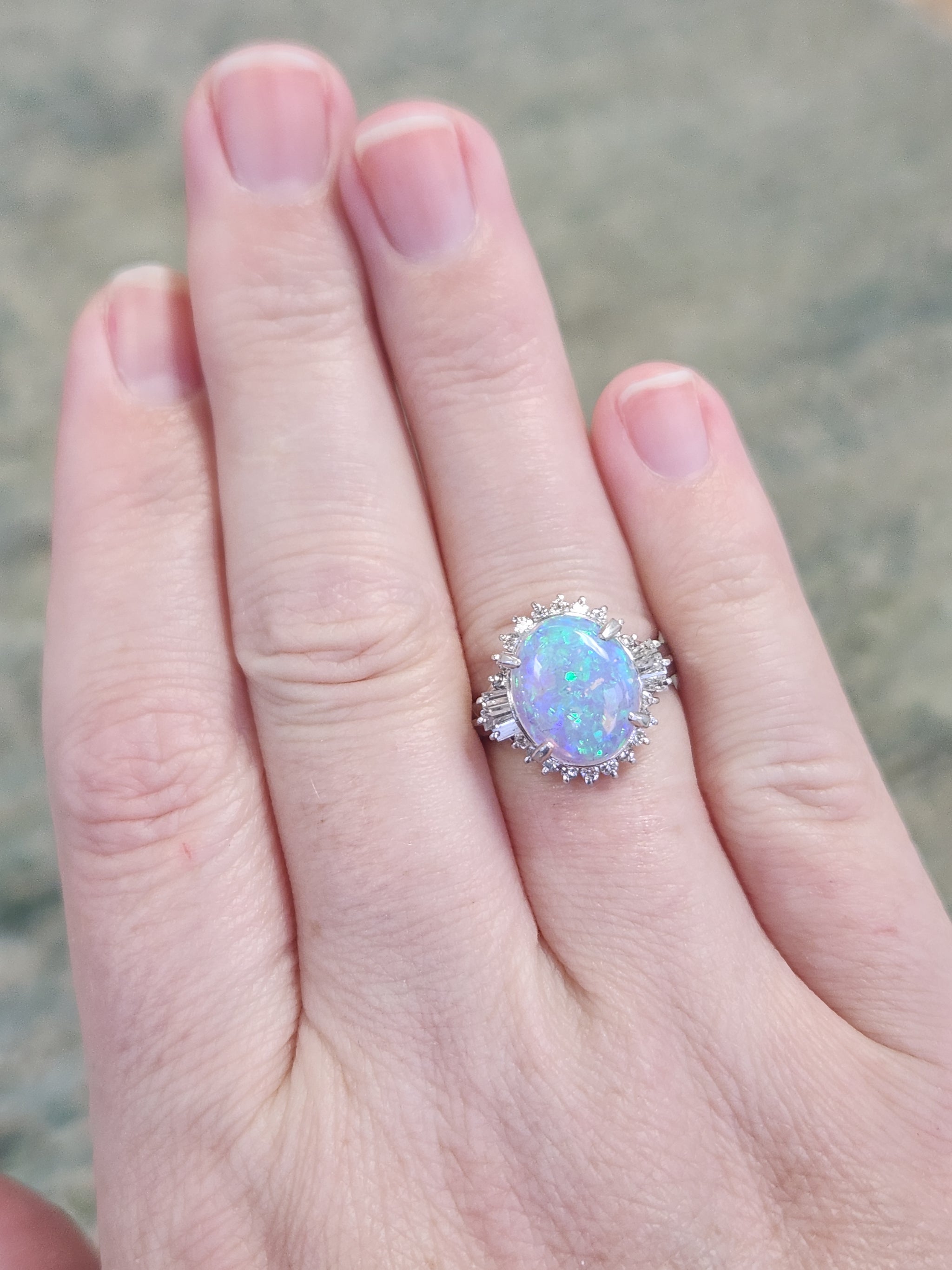 Stunning Australian Opal and Diamond Halo Ring in Platinum