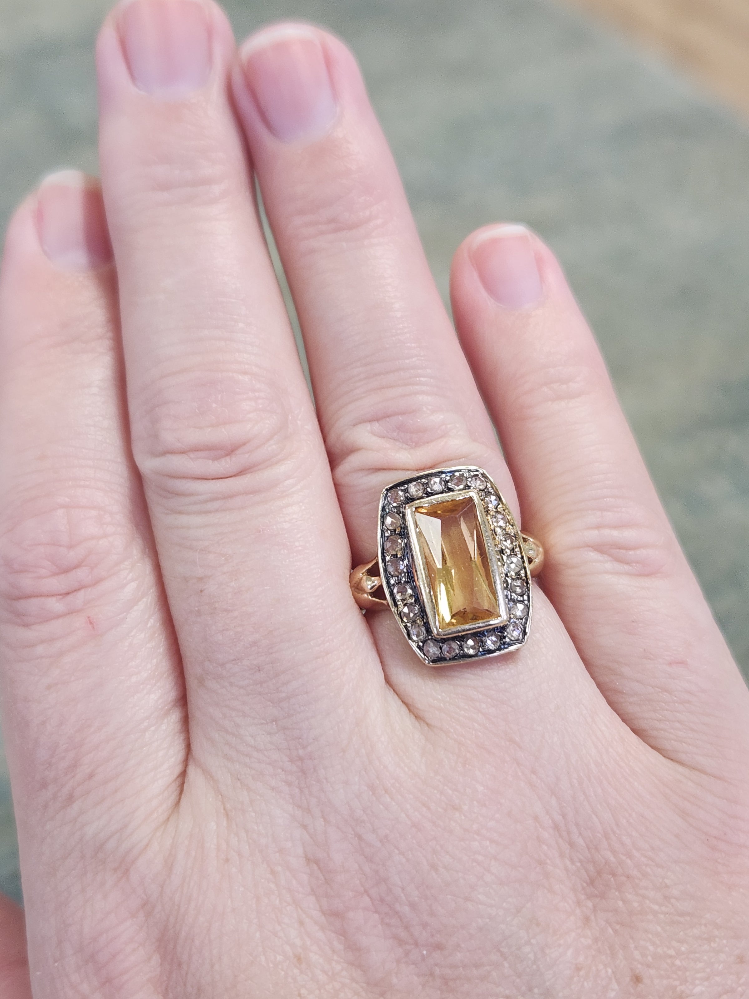 Vintage Elongated Cushion Shaped Ring with Citrine and Rose Cut Diamonds in 14k Yellow Gold