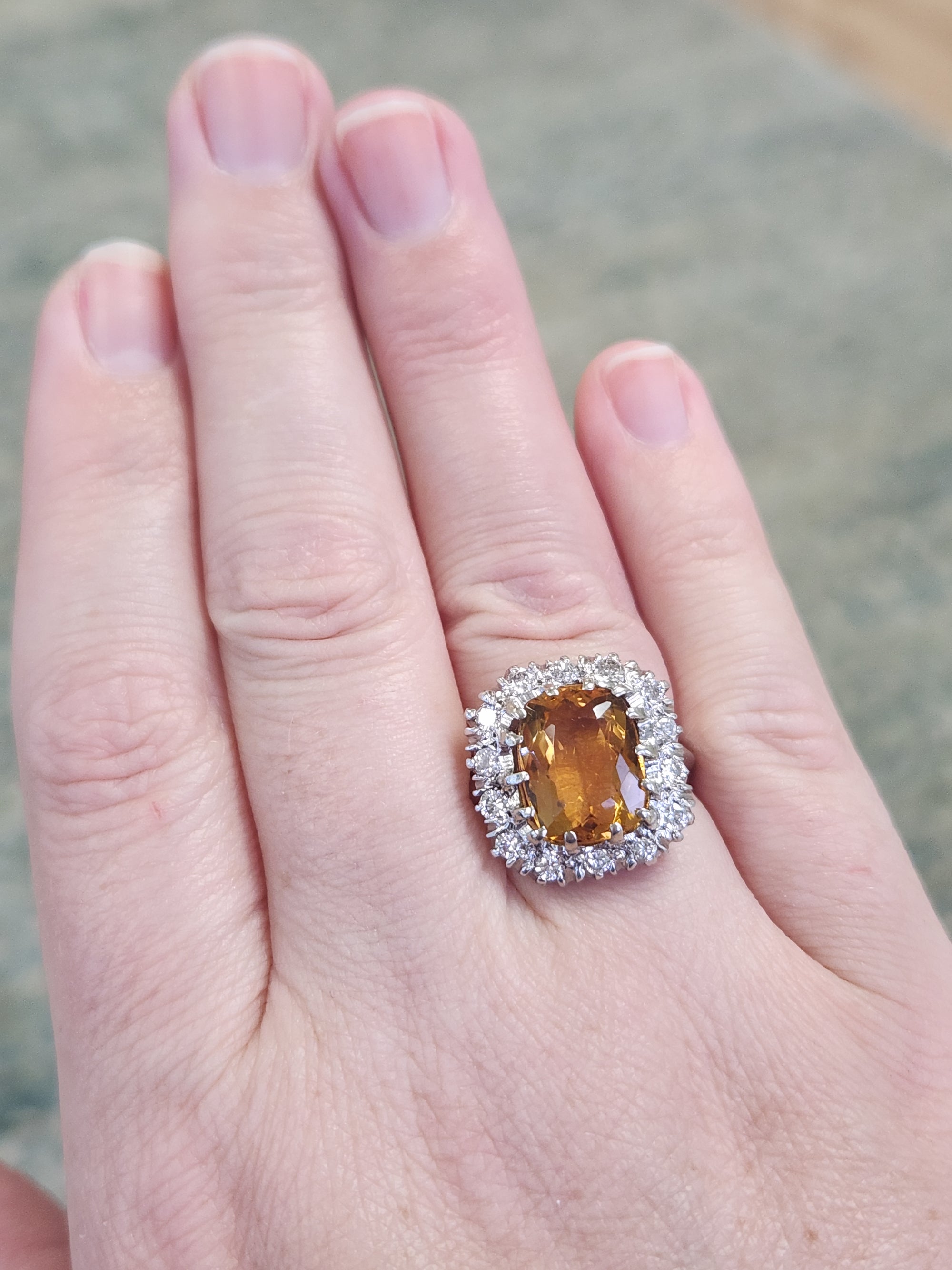 Vintage Cushion Cut Citrine and Diamond Halo Statement Ring in 14k White Gold