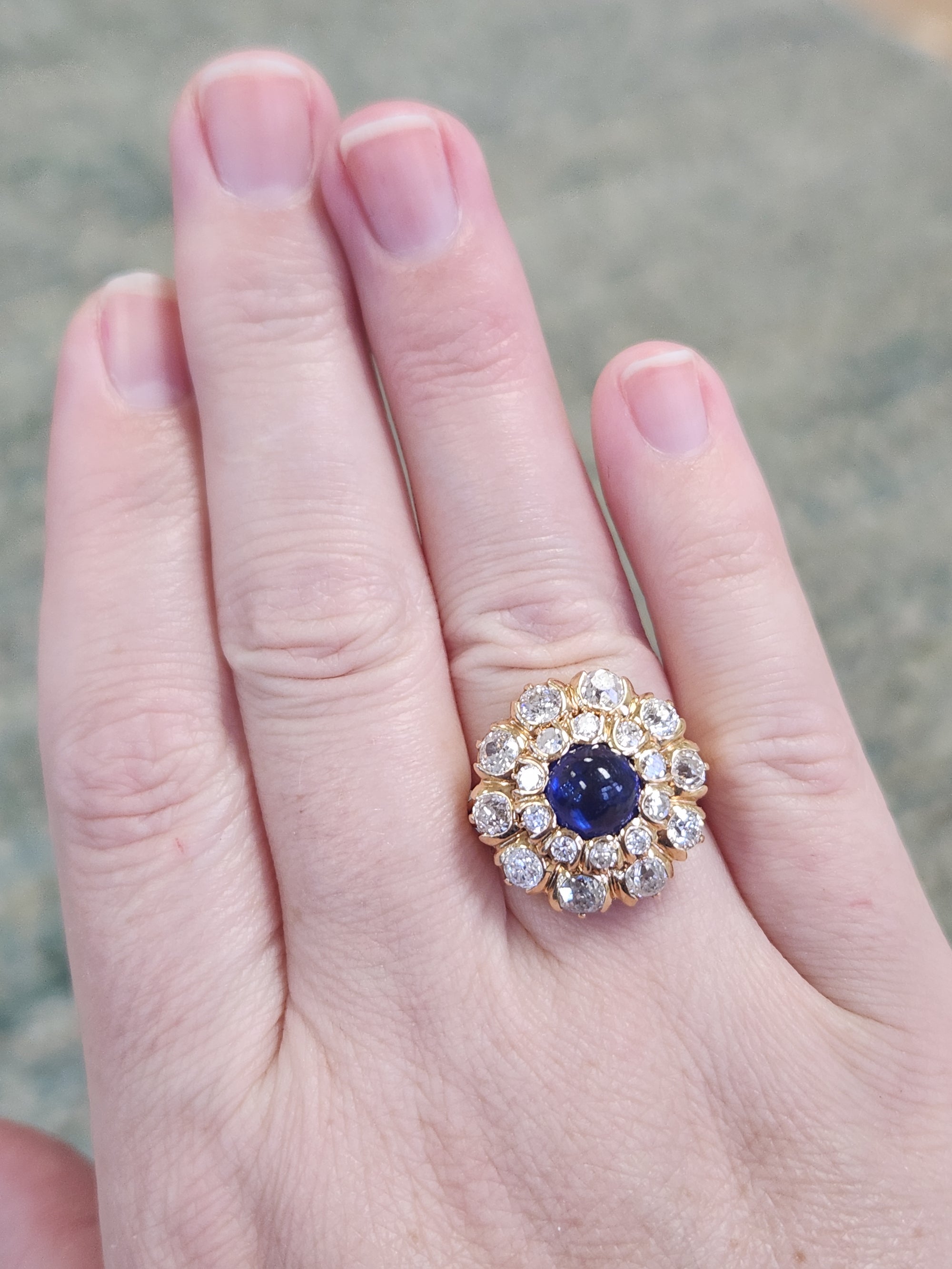 Magnificent Blue Sapphire and Old Cut Diamond Cocktail Ring in 18k Yellow Gold