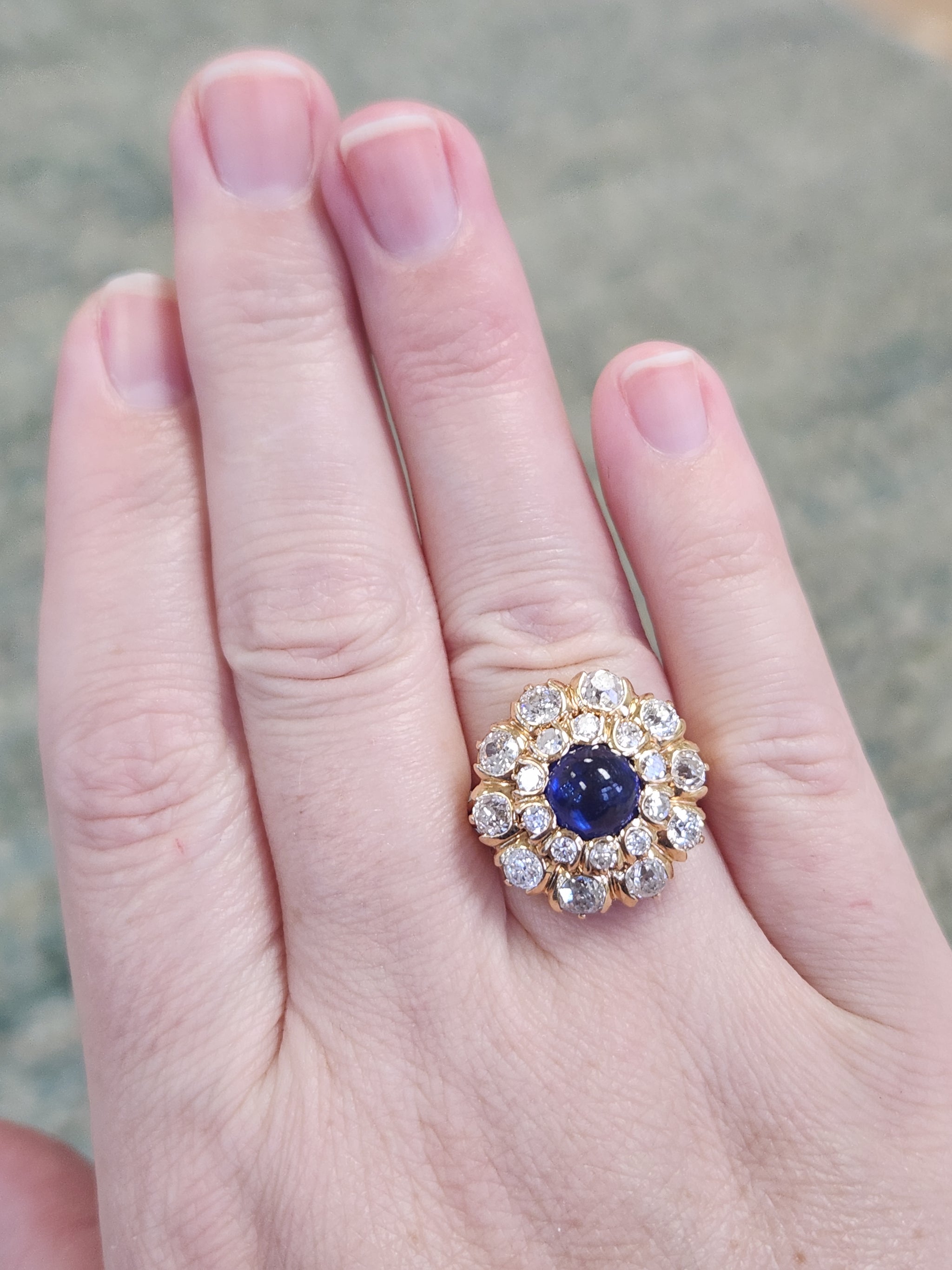 Magnificent Blue Sapphire and Old Cut Diamond Cocktail Ring in 18k Yellow Gold