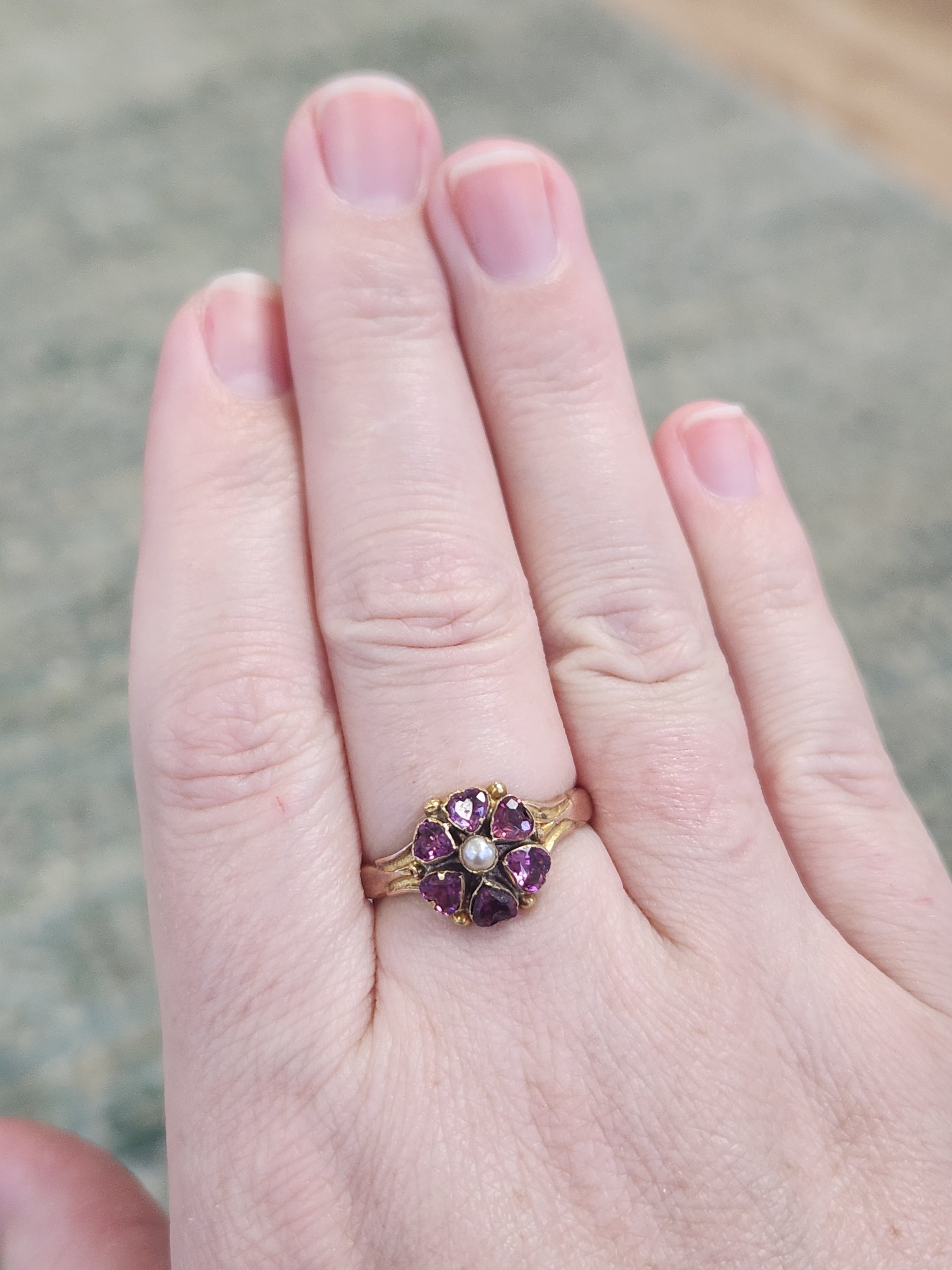 Antique Victorian Garnet and Pearl Custer Low Profile Ring in 18k Rosy Gold