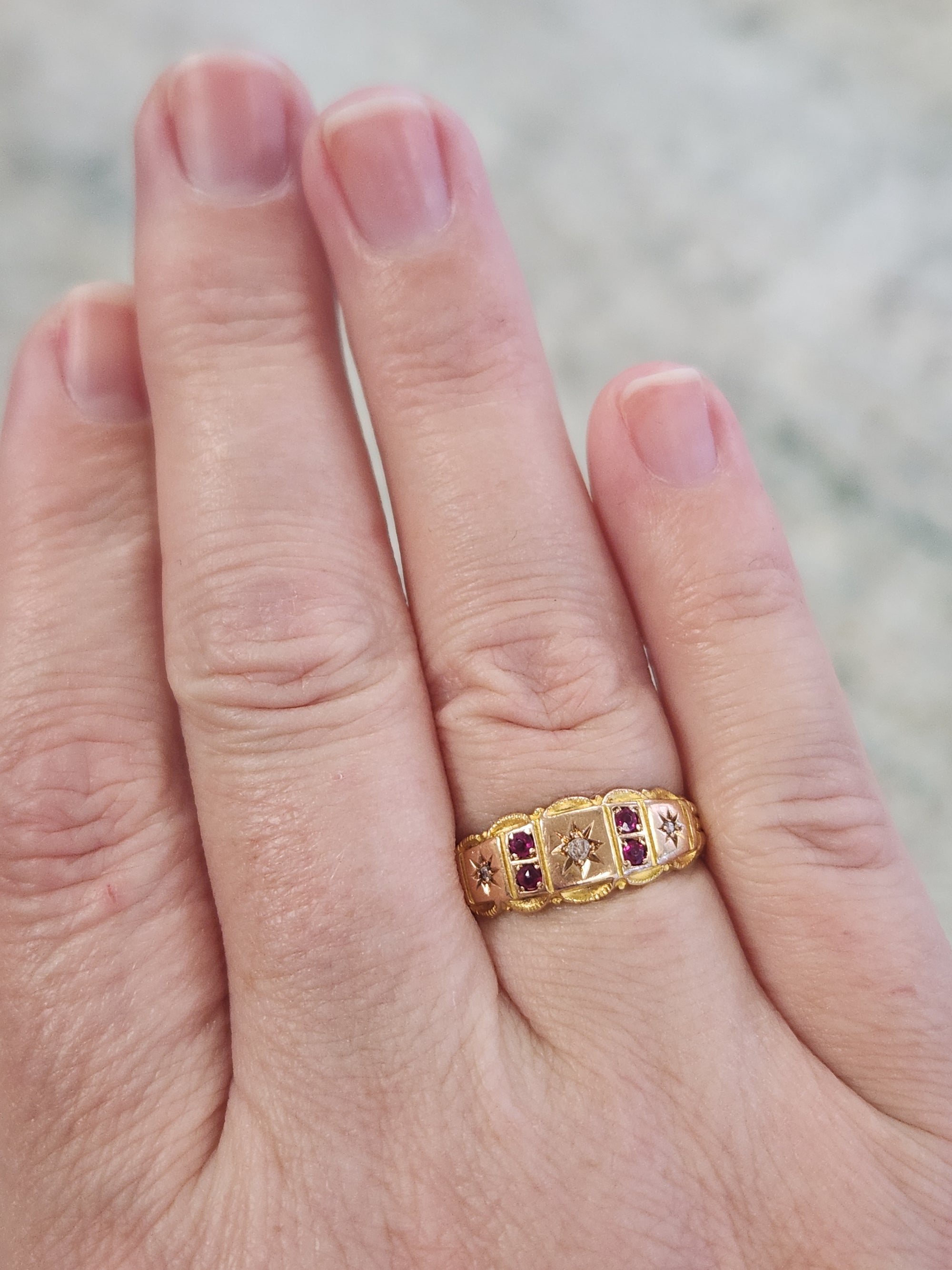 Antique Victorian Gypsy Set Ruby and Rose Cut Diamond Band Ring in 15k Yellow Gold