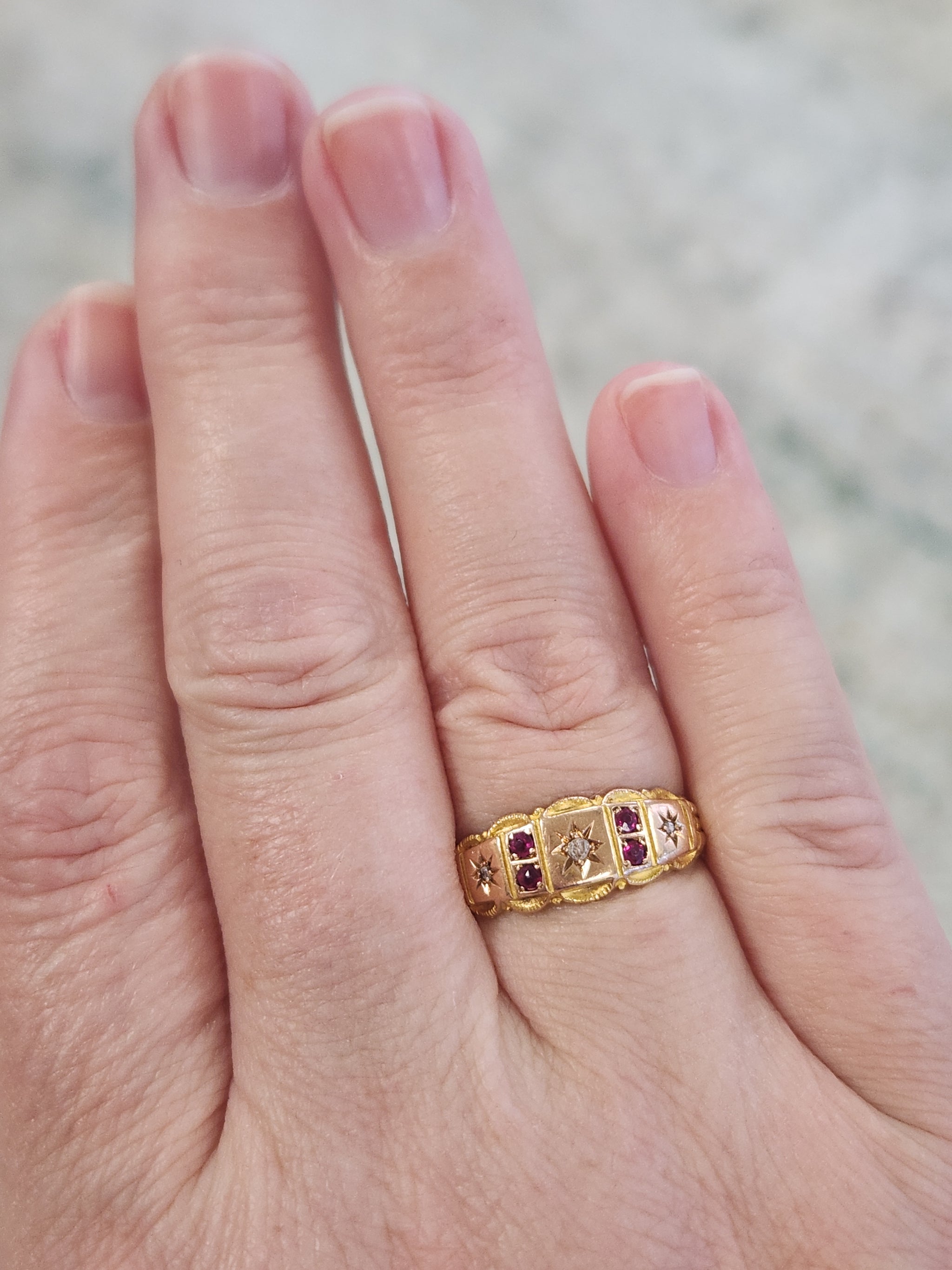 Antique Victorian Gypsy Set Ruby and Rose Cut Diamond Band Ring in 15k Yellow Gold