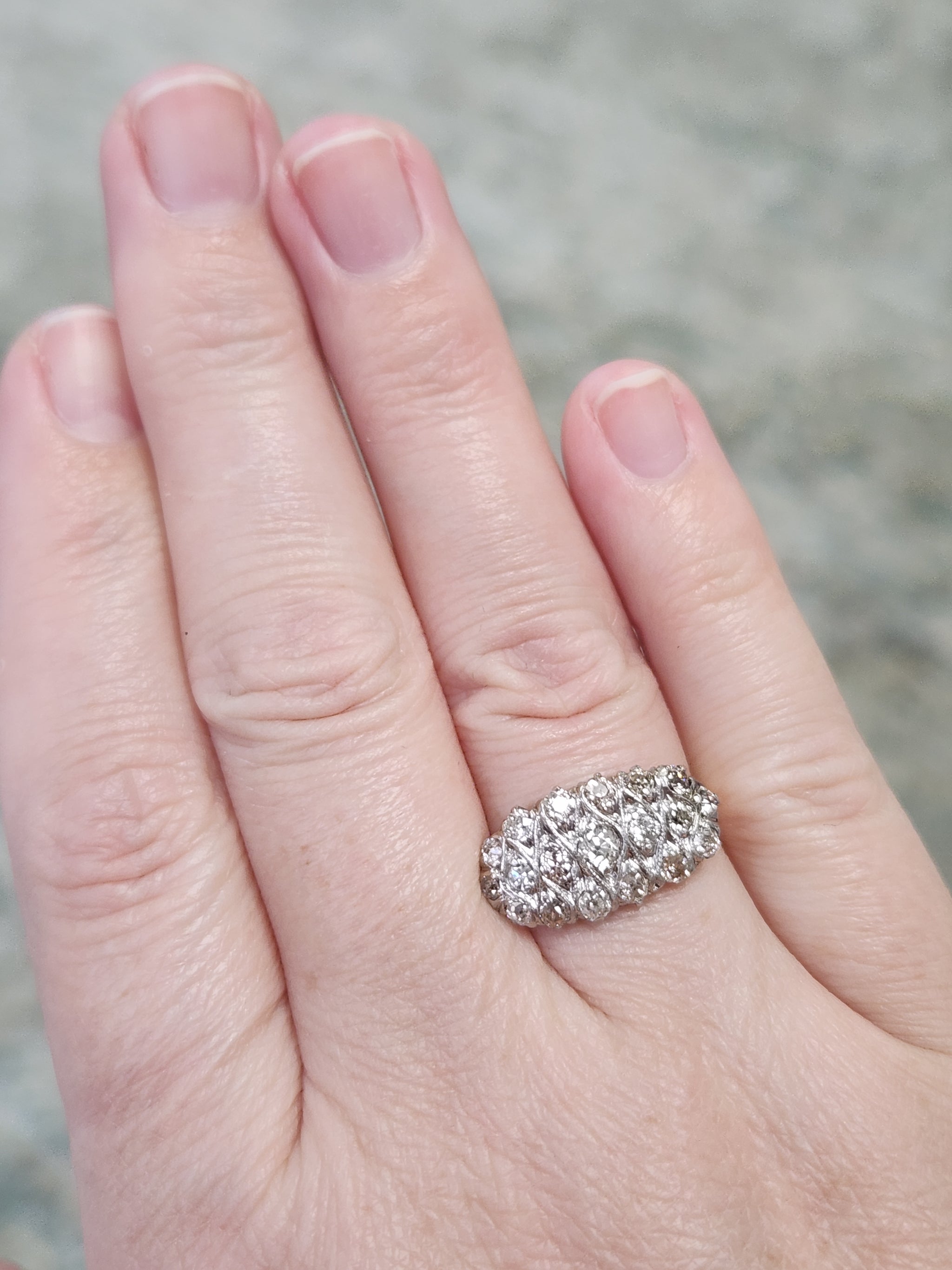 Antique Edwardian Low Profile Old Mine Cut Diamond Pave Ring in 14k and Platinum