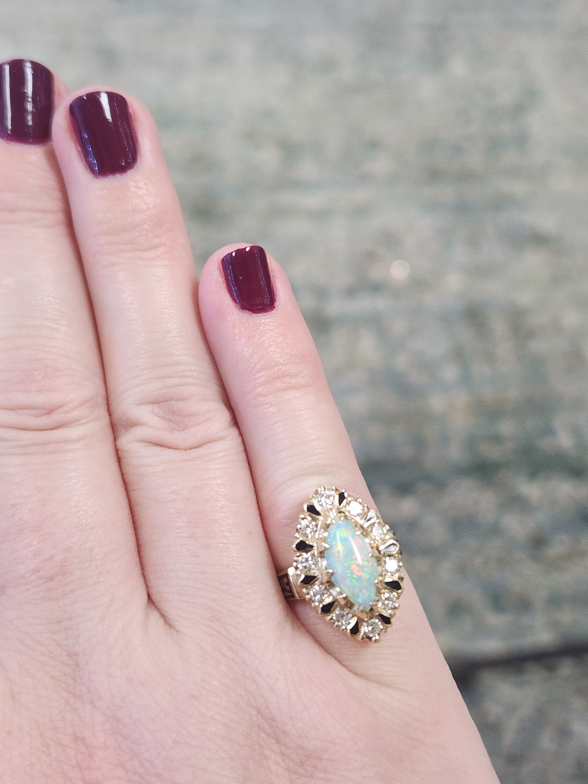 Vintage Australian Opal and Diamond Navette Cocktail Ring in 14k Yellow Gold