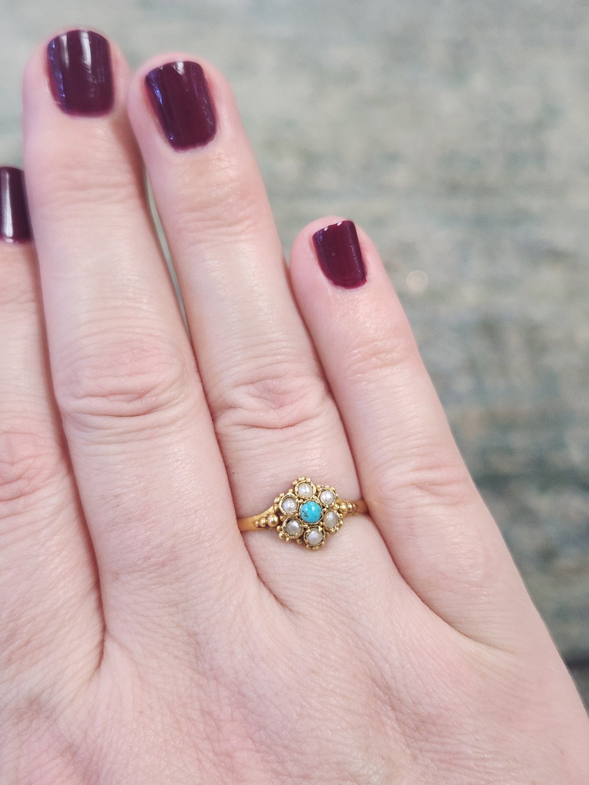 Petite Seed Pearl and Turquoise Victorian Ring in 22k Yellow Gold