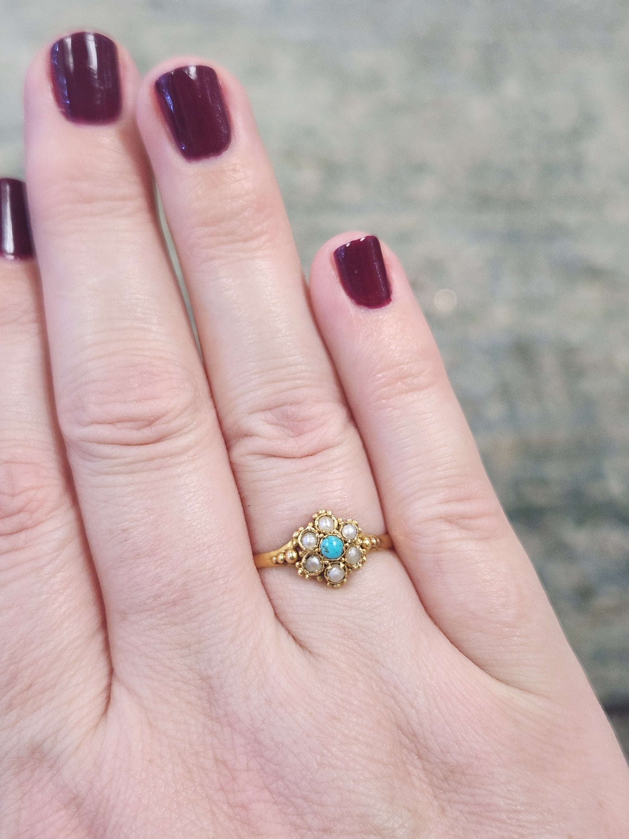 Petite Seed Pearl and Turquoise Victorian Ring in 22k Yellow Gold