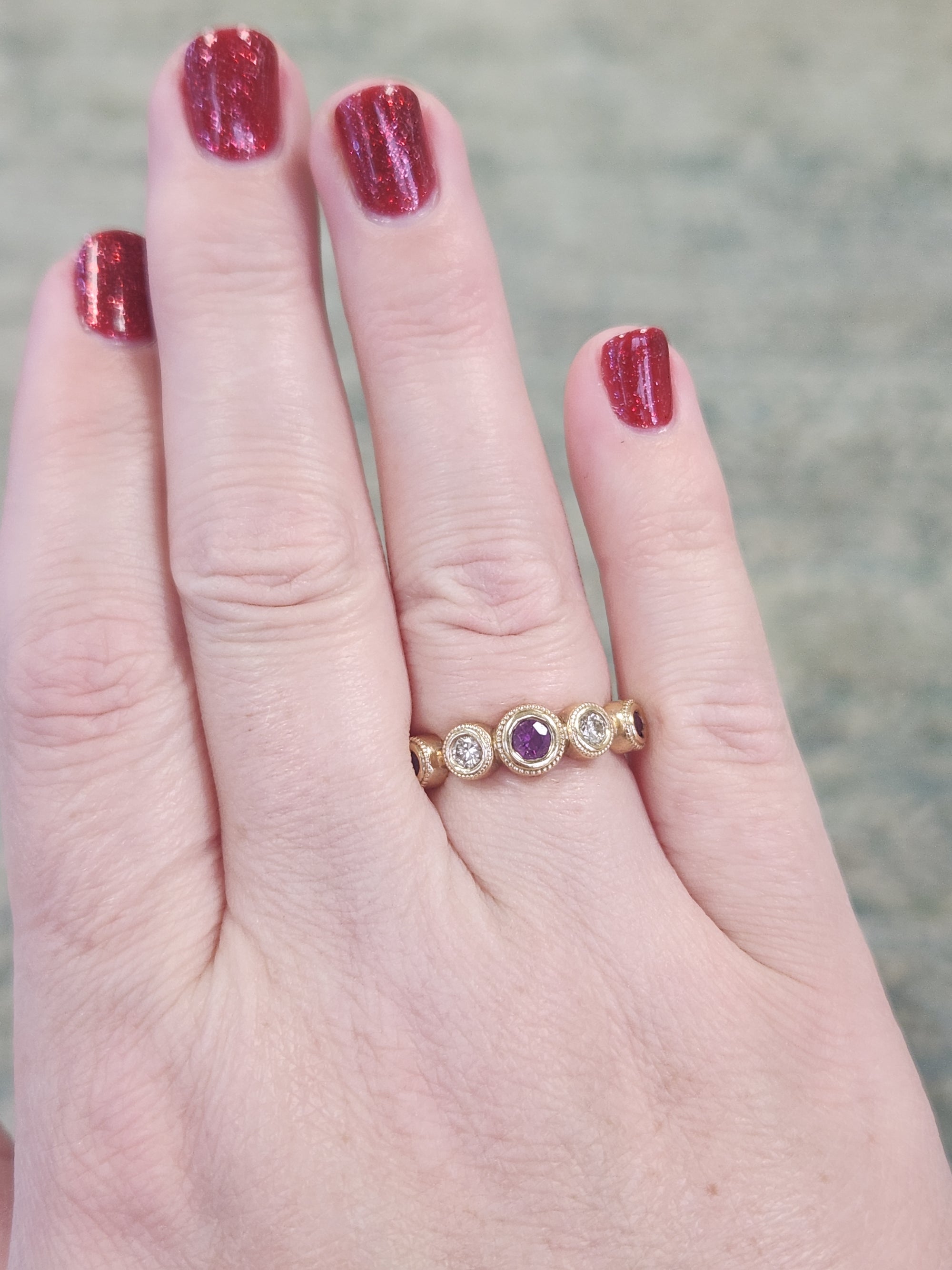 Handcrafted Rhodolite Garnet and Diamond Bezel Set Band Ring in 14k Yellow Gold