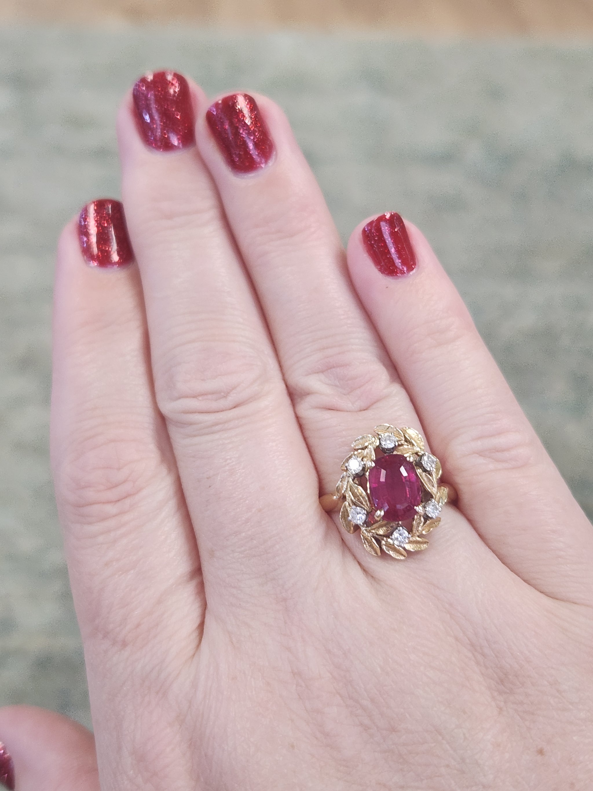 Vintage Rubellite Red Tourmaline and Diamond Wreath Garland Ring in 18k Yellow Gold