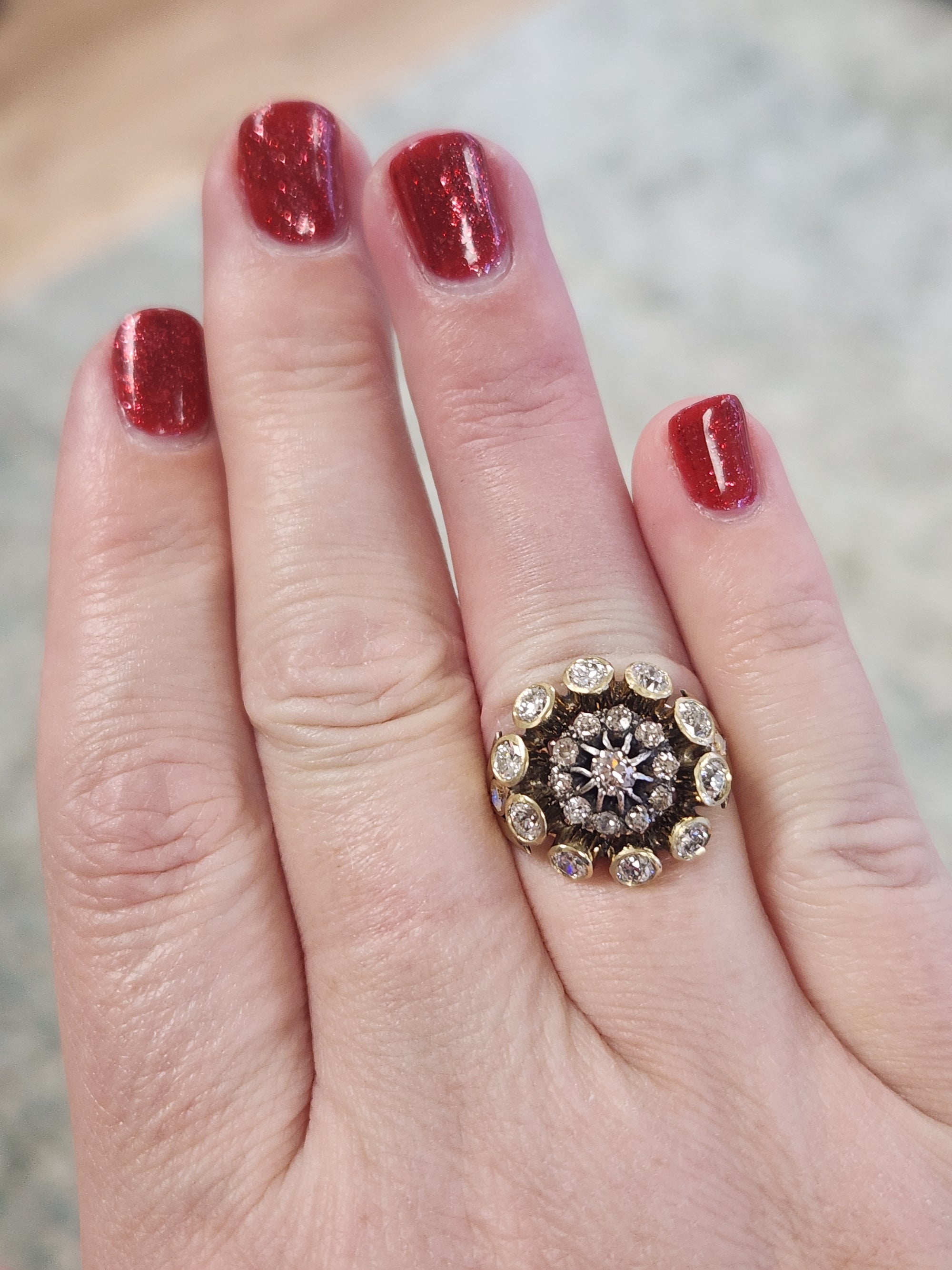 Vintage Old Mine and Old European Cut Diamond Cocktail Ring in 14k Yellow Gold