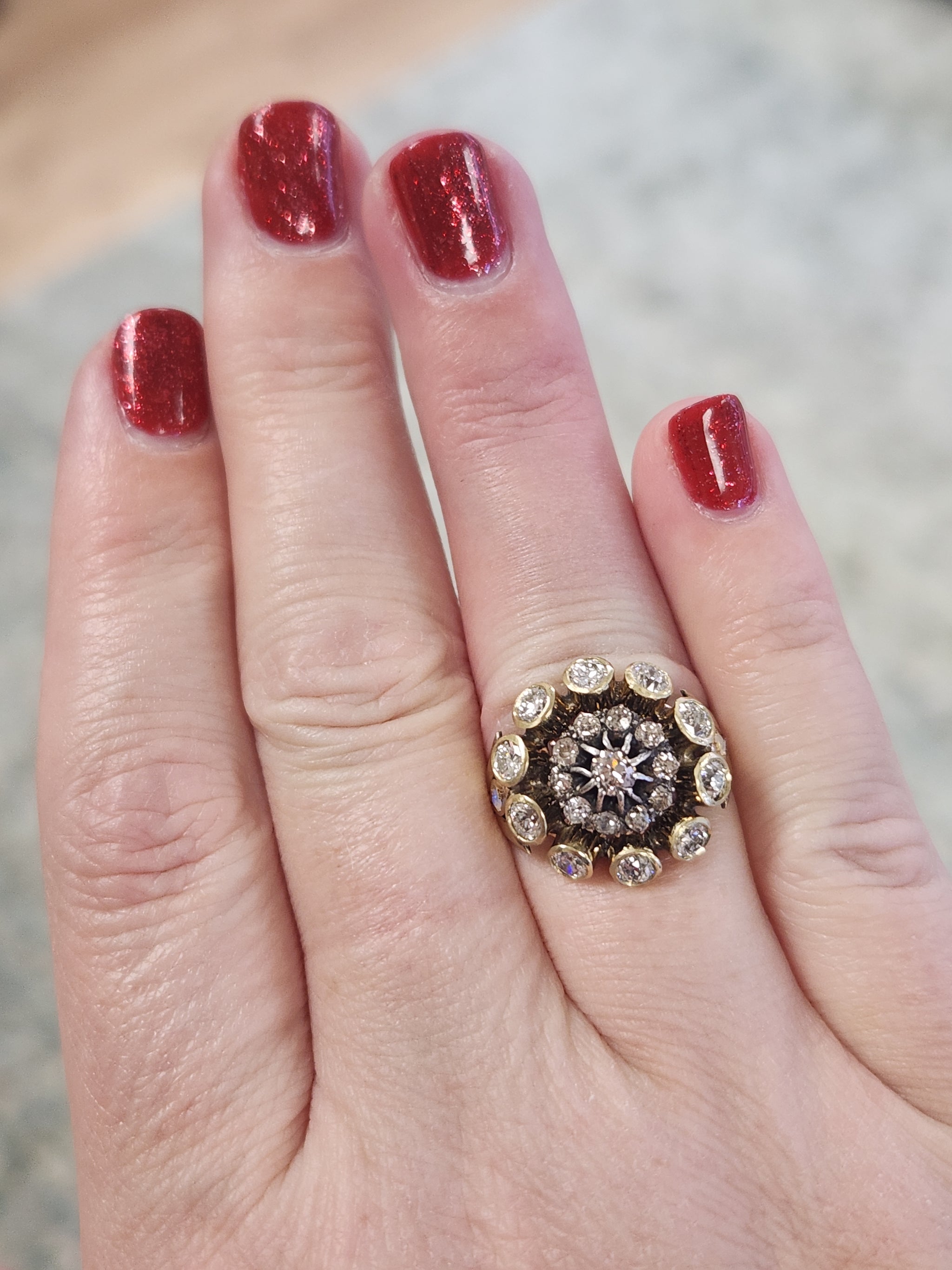 Vintage Old Mine and Old European Cut Diamond Cocktail Ring in 14k Yellow Gold