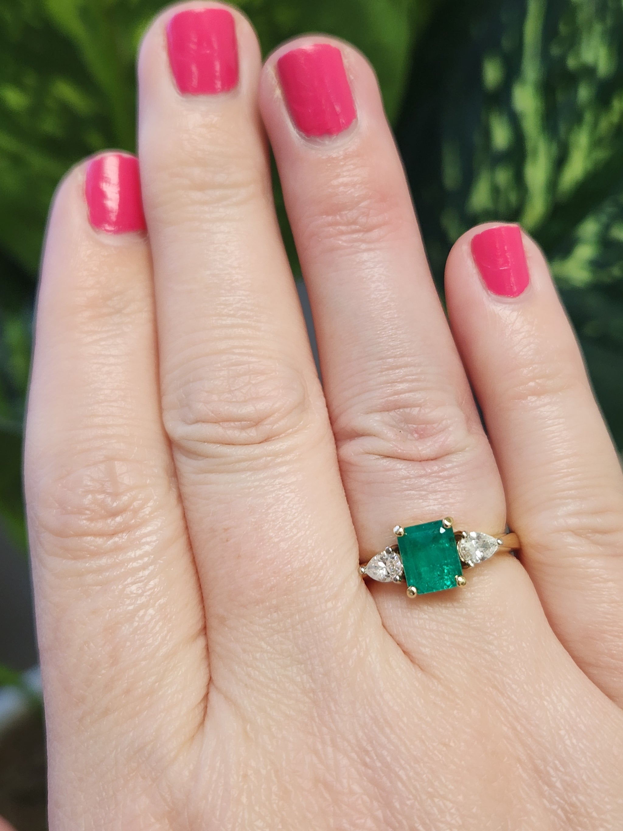Vintage Emerald and Pear Cut Diamond Ring in 18k Yellow Gold