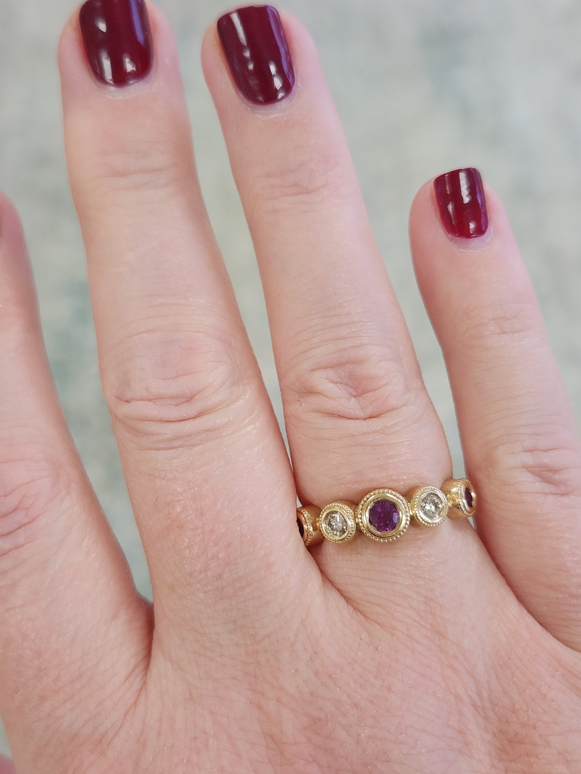 Handcrafted Rhodolite Garnet and Diamond Bezel Set Band Ring in 14k Yellow Gold