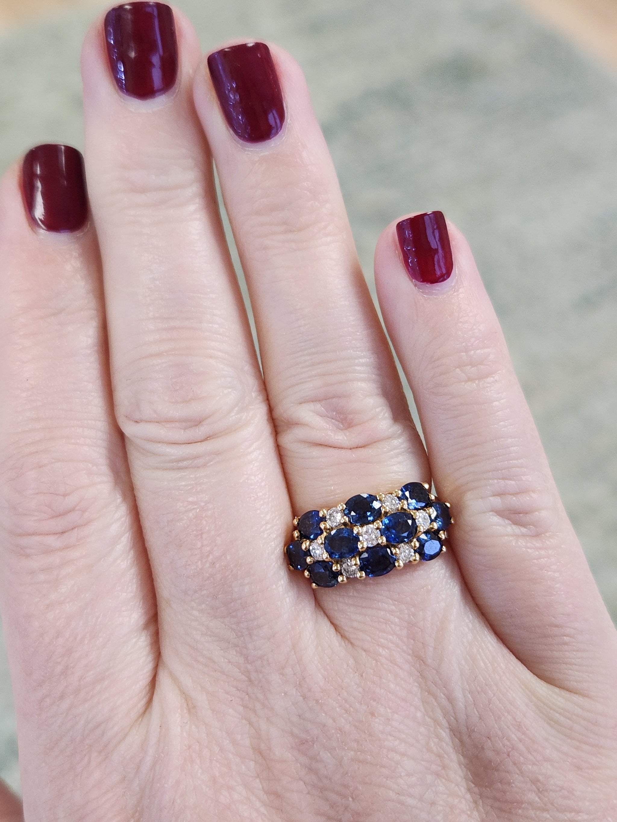 Vintage Sapphire and Diamond Three Row Band Ring in 18k Yellow Gold