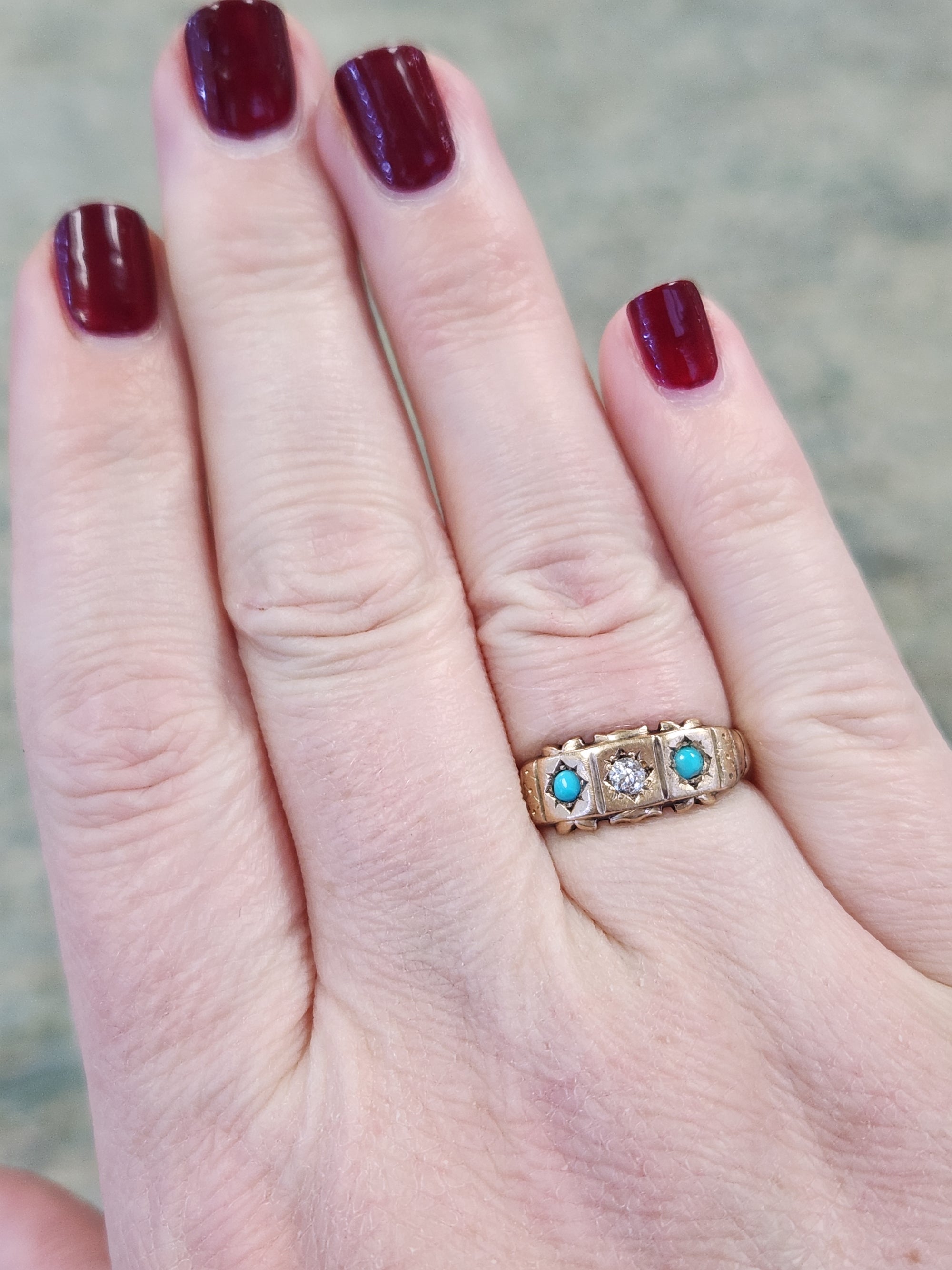 Antique Victorian Old Mine Cut Diamond and Turquoise Band Ring in 9k Rosy Gold